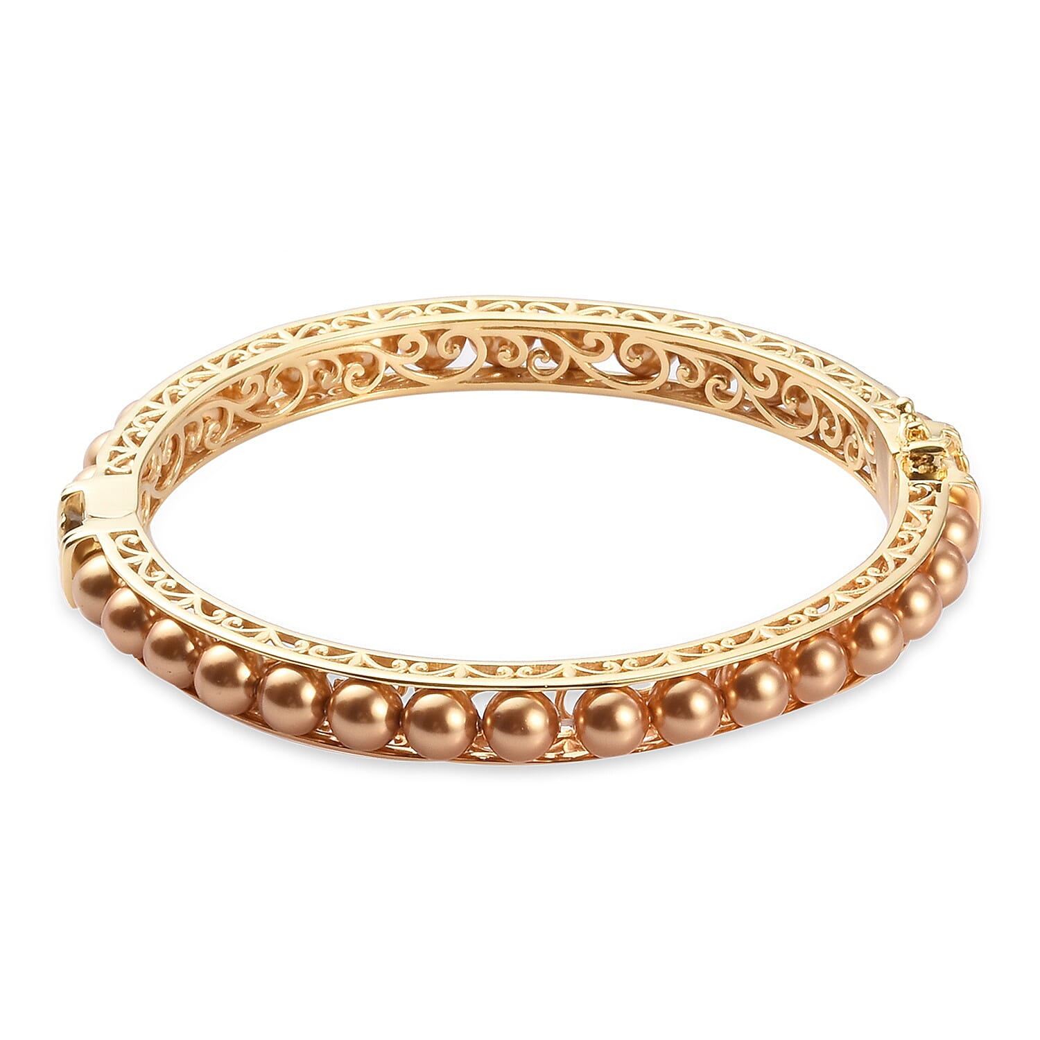 Lustro Stella Bright Gold Pearl Crystal Ball Bangle (Size 7.5) with Magnetic Clasp Lock in 18K Yellow Gold Tone