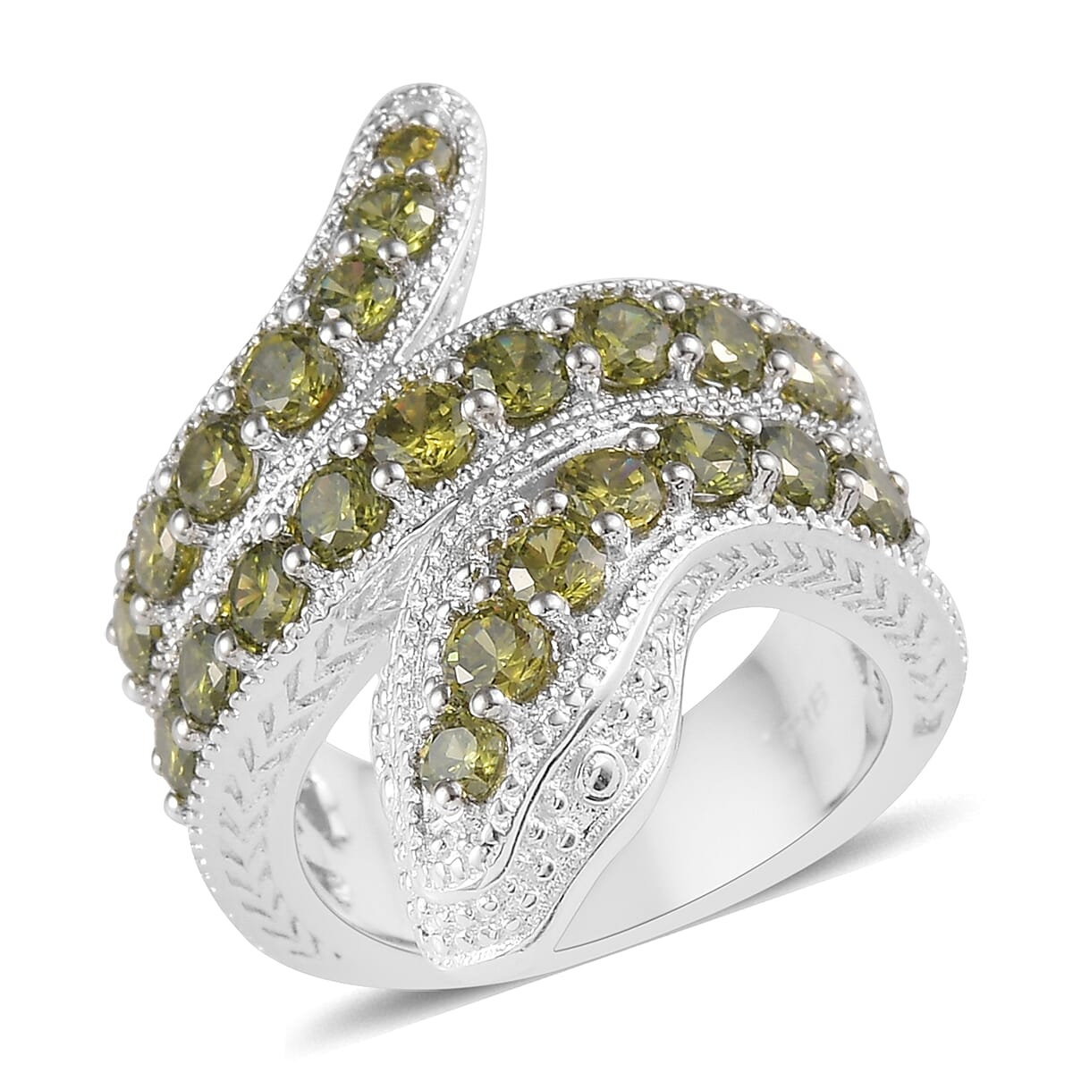 Simulated Peridot Serpent Ring in Silver Tone