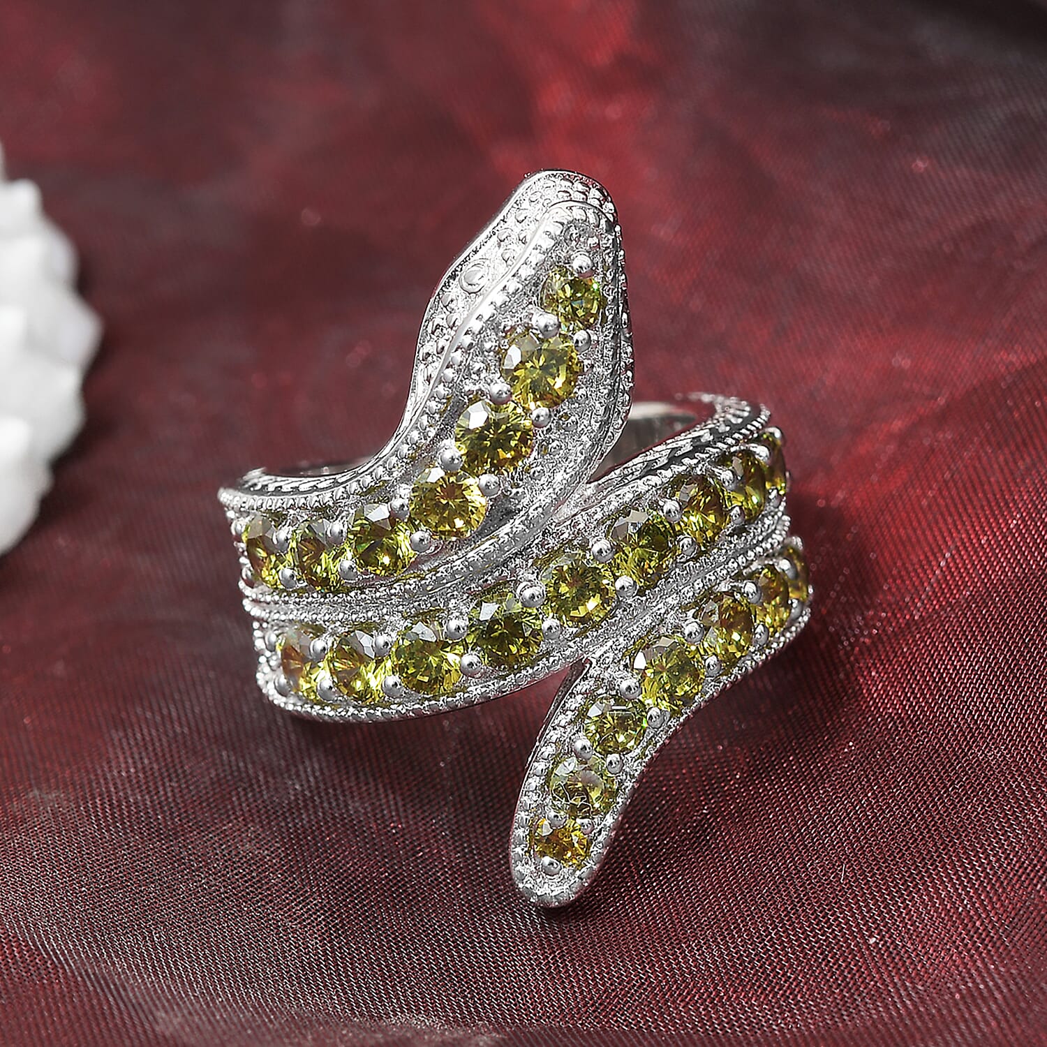 Simulated Peridot Serpent Ring in Silver Tone