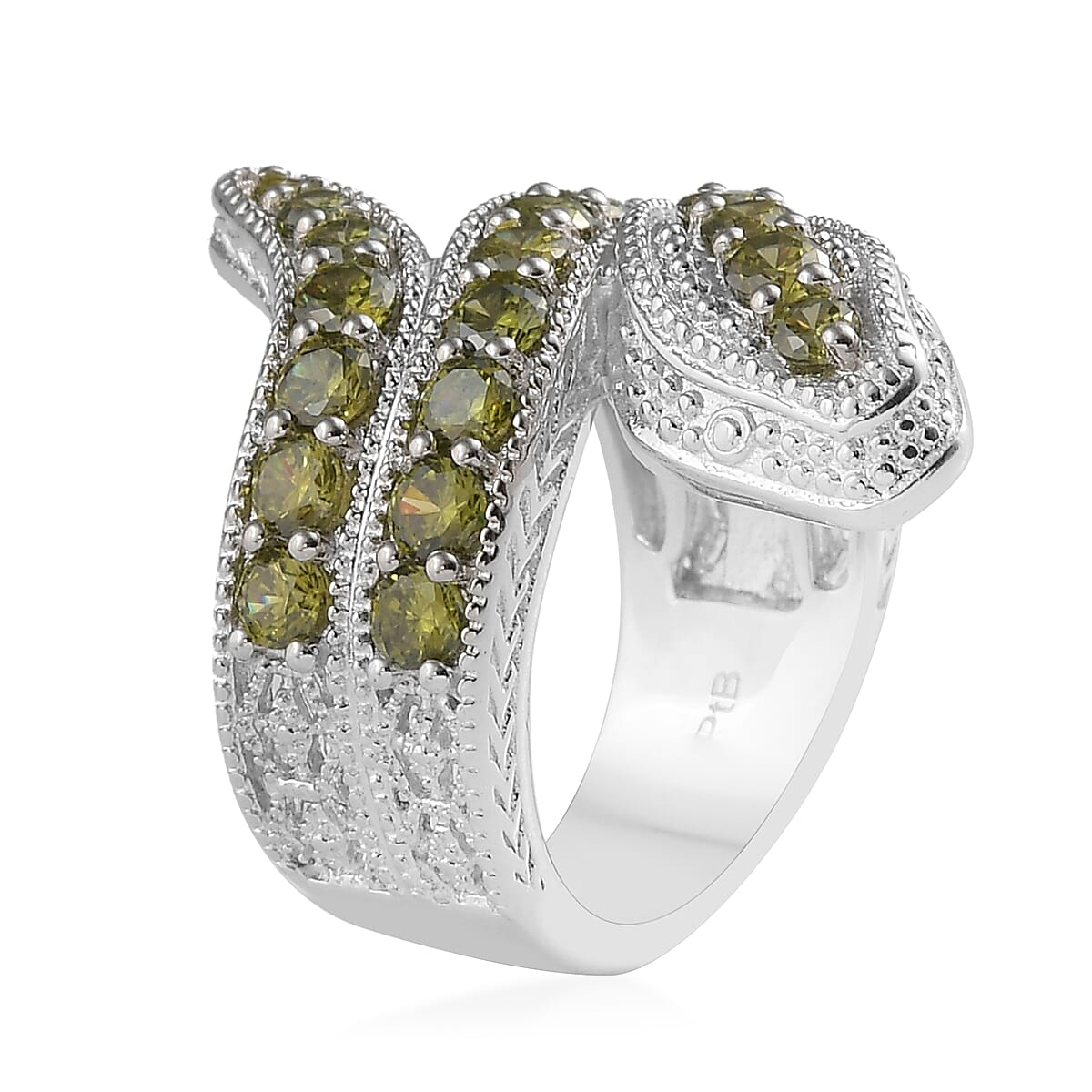 Simulated Peridot Serpent Ring in Silver Tone