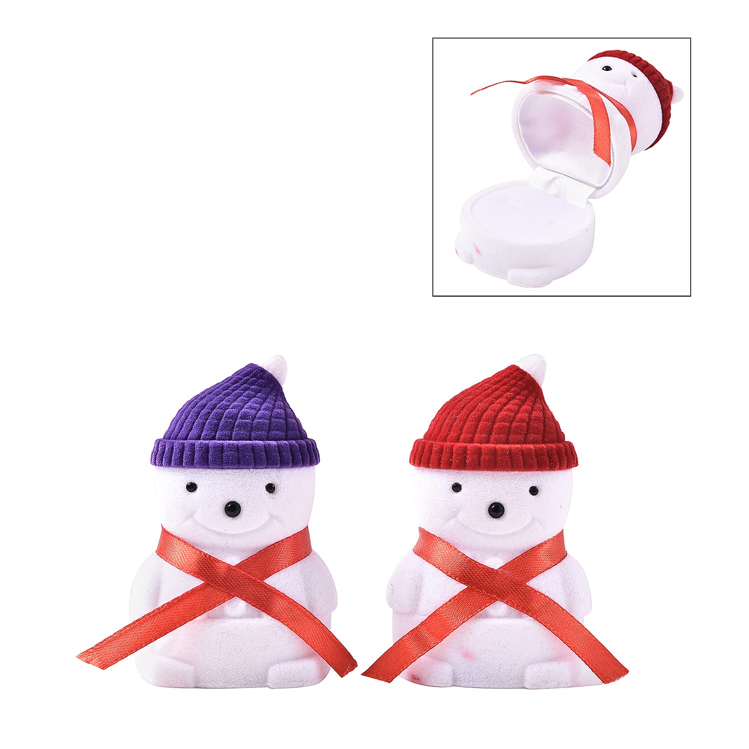 Set of 2 - Snowman Velvet Ring Box with Red and Purple Hat (Size 6x4cm)