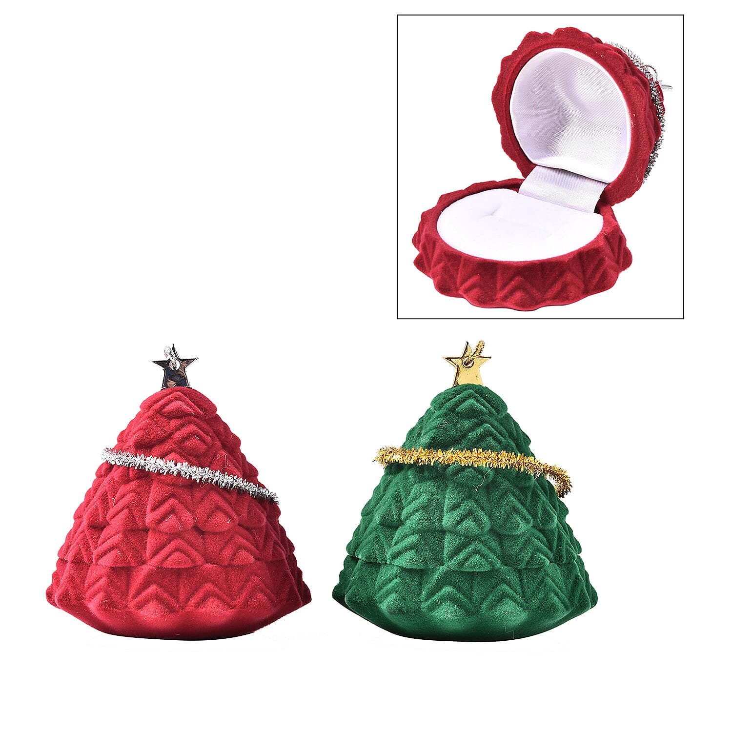 Set of 2 - Star Christmas Tree Velvet Ring Box in Red and Green Colour (Size 6x4cm)