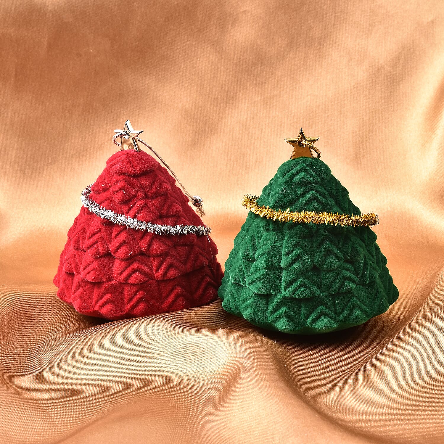 Set of 2 - Star Christmas Tree Velvet Ring Box in Red and Green Colour (Size 6x4cm)