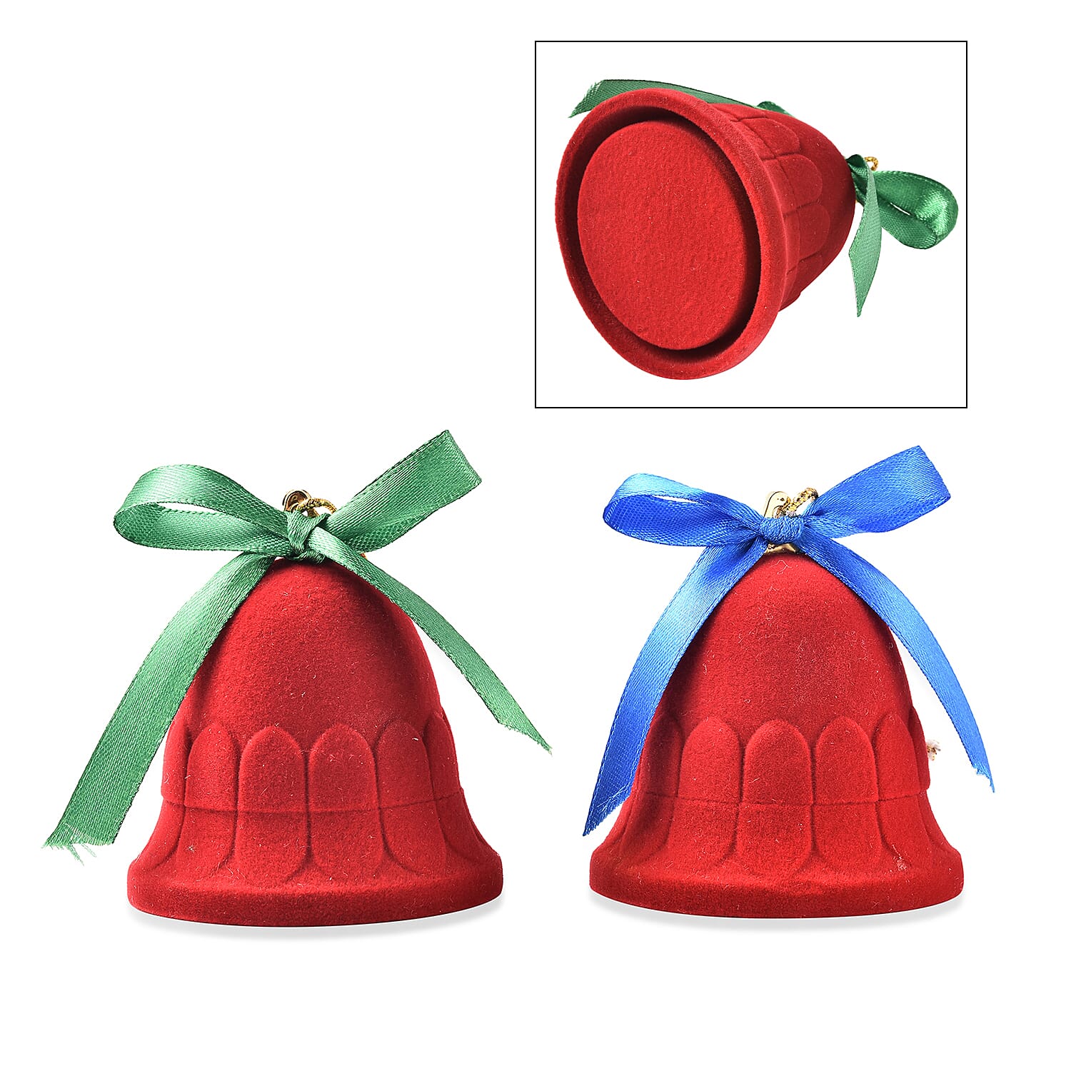 Set of 2 - Bell Velvet Ring Box in Red Colour with Green Bowknot  (Size 6x6cm)
