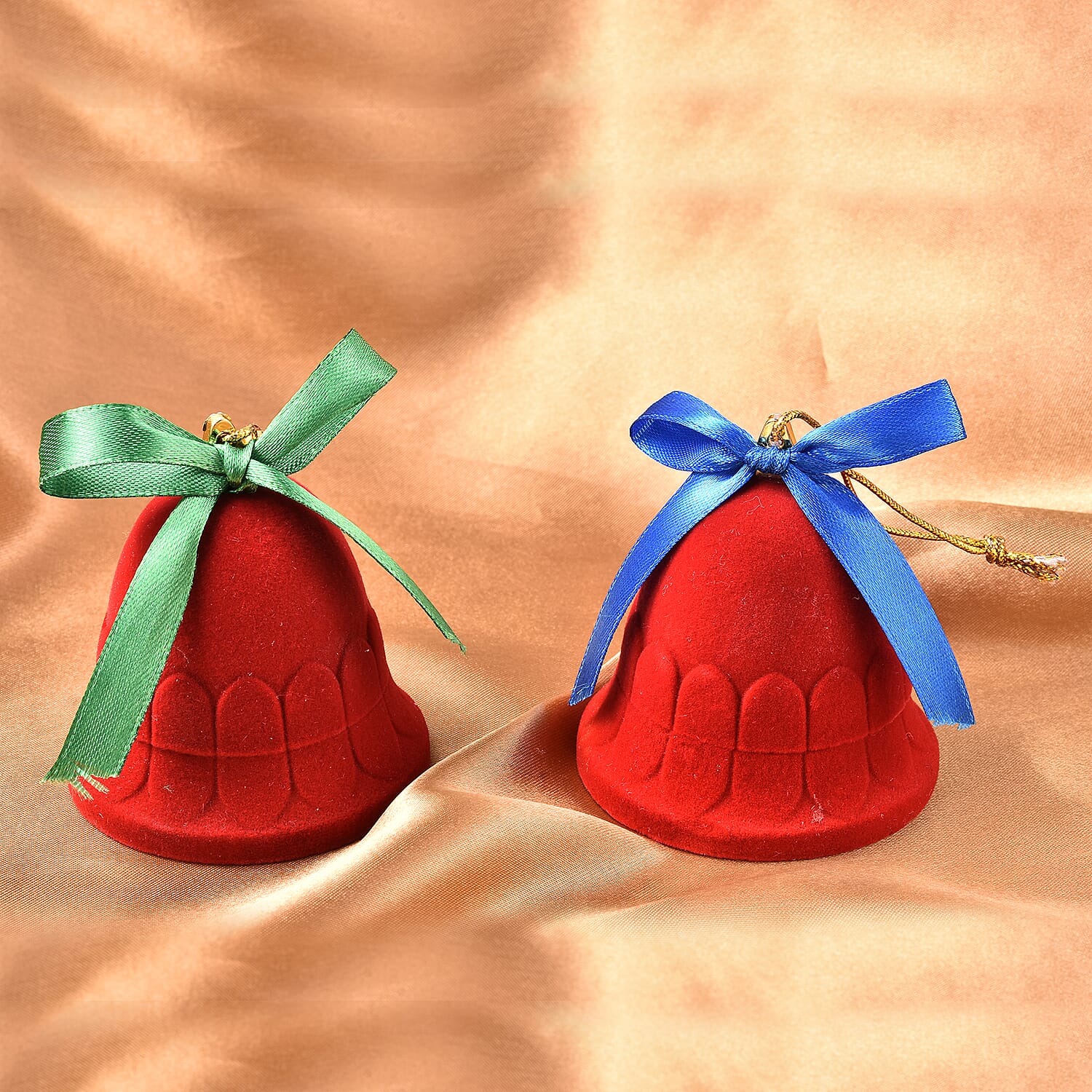 Set of 2 - Bell Velvet Ring Box in Red Colour with Green Bowknot  (Size 6x6cm)
