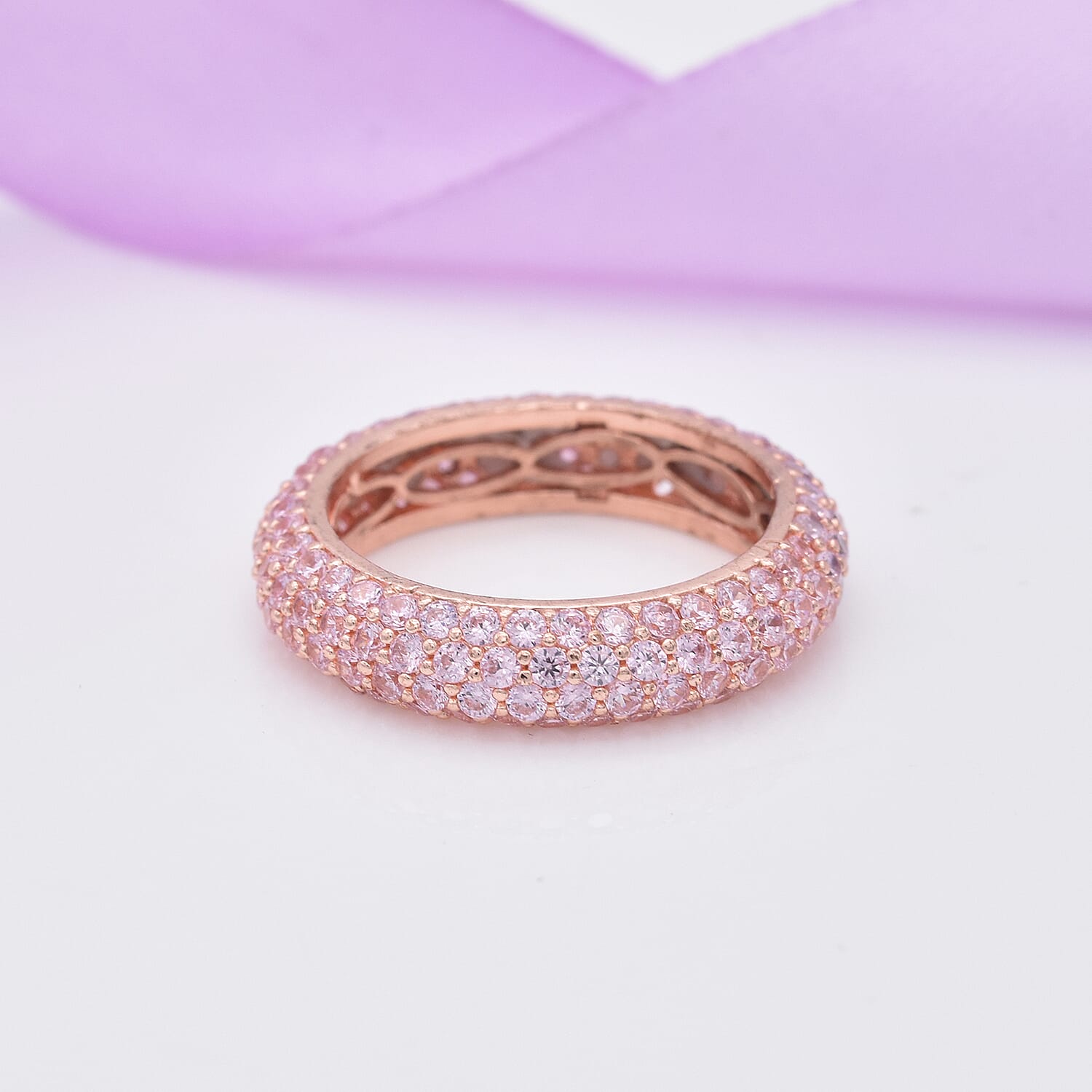 Simulated Pink Diamond Band Ring in Rose Gold Tone