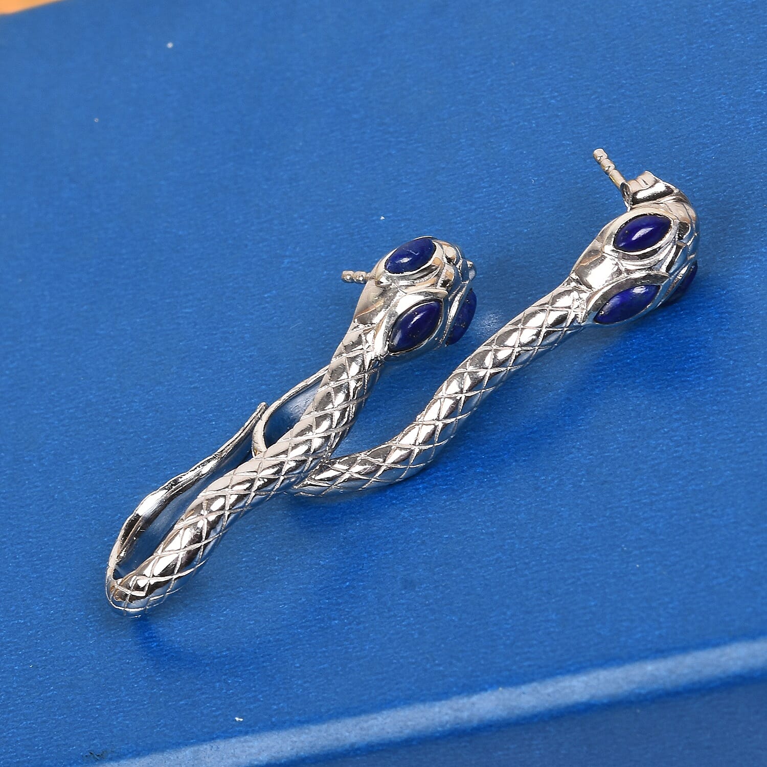 Sunday Child - Lapis Lazuli Serpent Earrings in Platinum Overlay Sterling Silver 1.00 Ct, Silver wt. 6.00 Gms