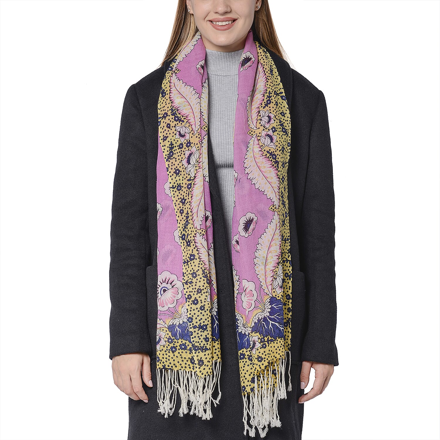 100% Wool Floral and Polka Dot Print Scarf (66x175+9cm) - Pink