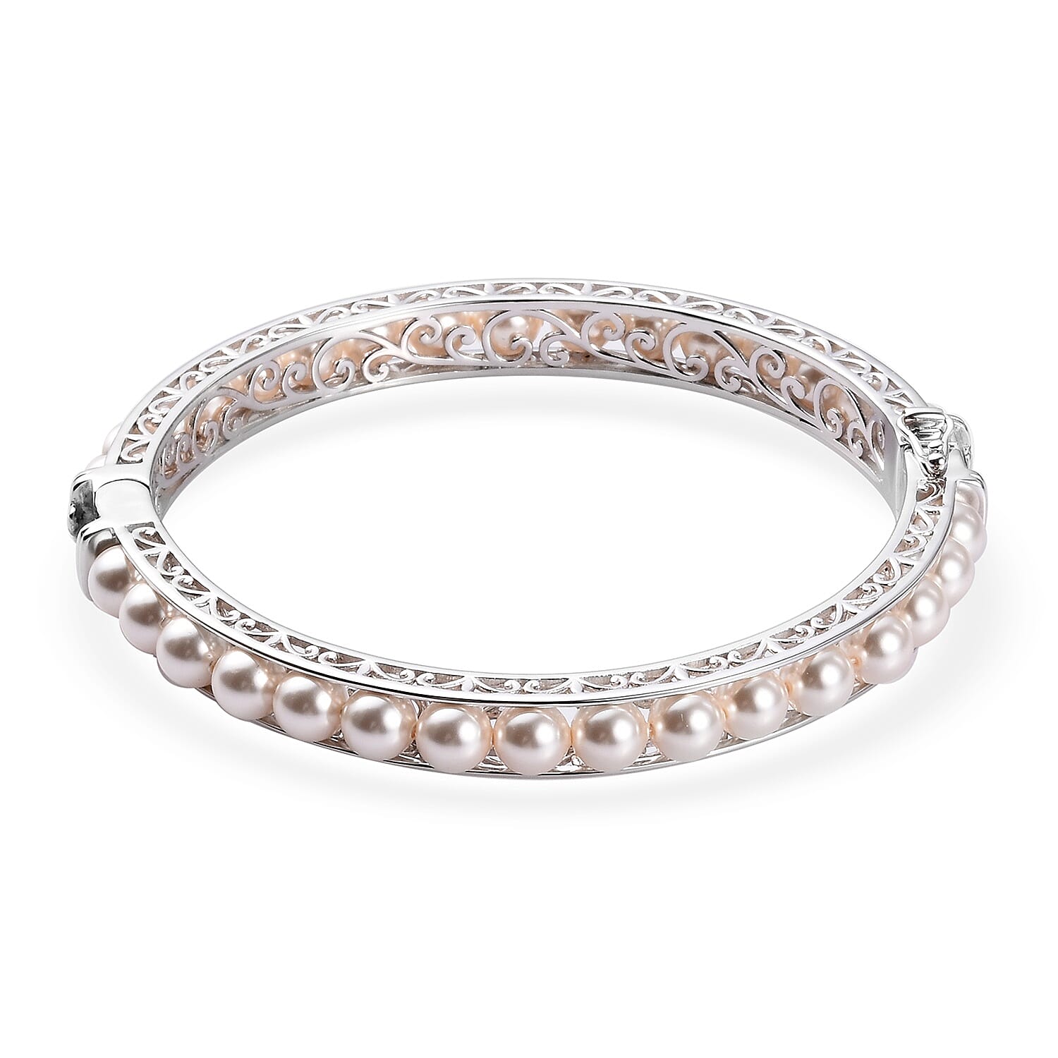 Lustro Stella  White Pearl Crystal Ball Bangle (Size 7.5) with Magnetic Clasp Lock in Silver Tone