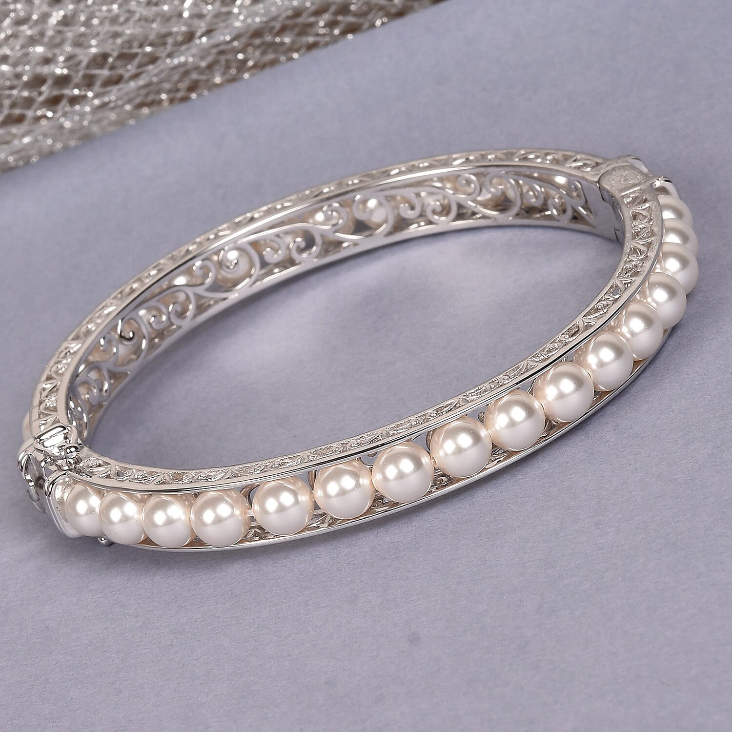 Lustro Stella  White Pearl Crystal Ball Bangle (Size 7.5) with Magnetic Clasp Lock in Silver Tone