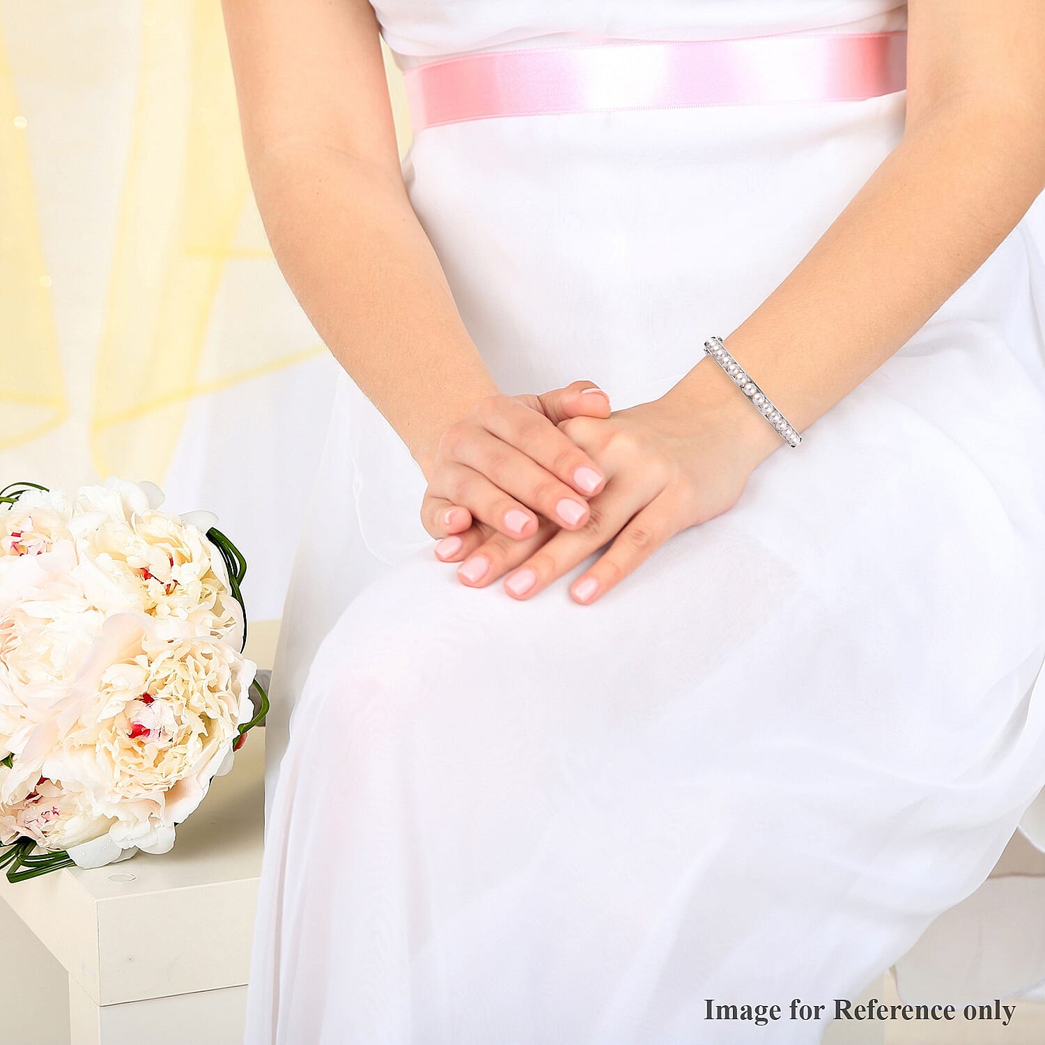 Lustro Stella  White Pearl Crystal Ball Bangle (Size 7.5) with Magnetic Clasp Lock in Silver Tone