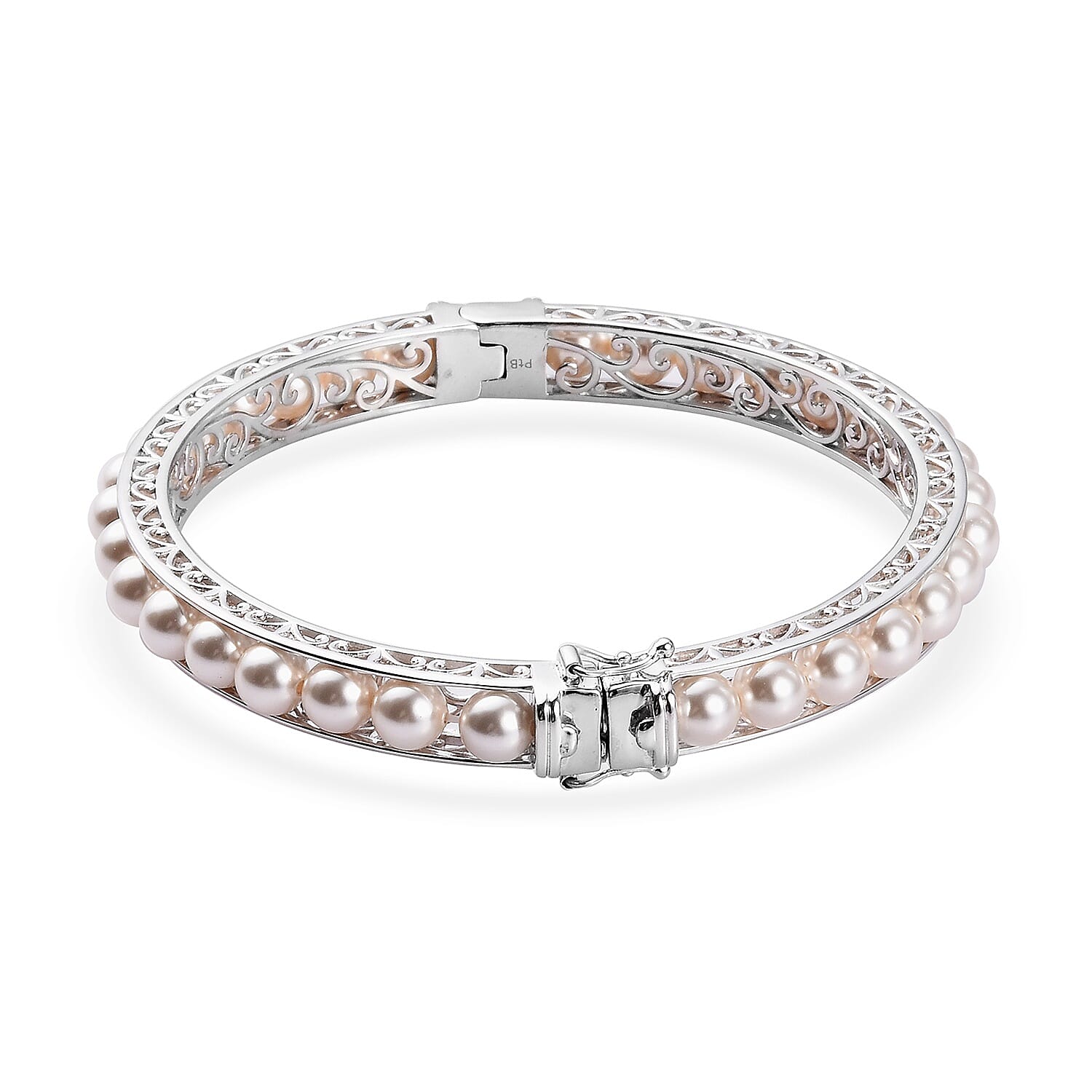 Lustro Stella  White Pearl Crystal Ball Bangle (Size 7.5) with Magnetic Clasp Lock in Silver Tone