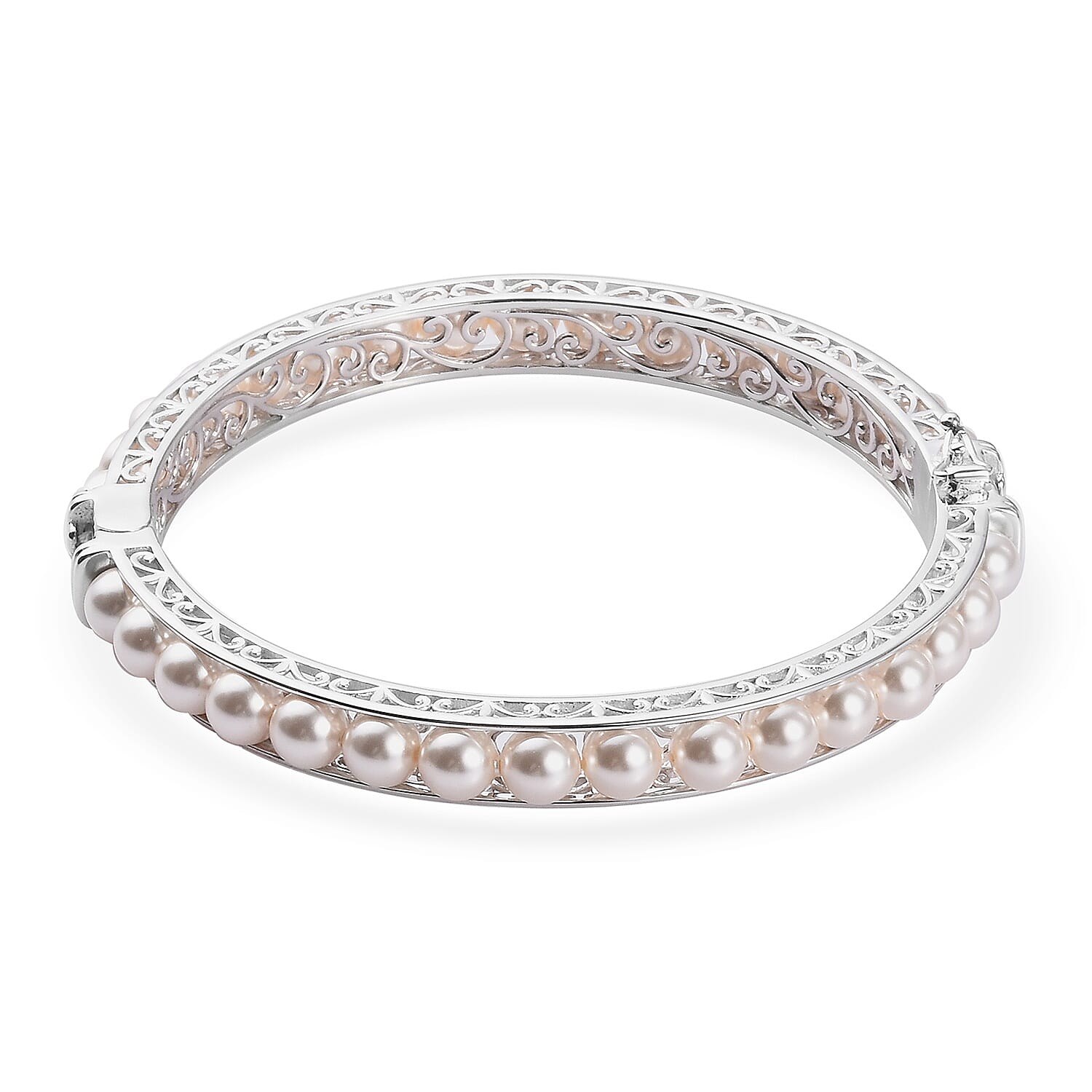 Lustro Stella  White Pearl Crystal Ball Bangle (Size 7.5) with Magnetic Clasp Lock in Silver Tone