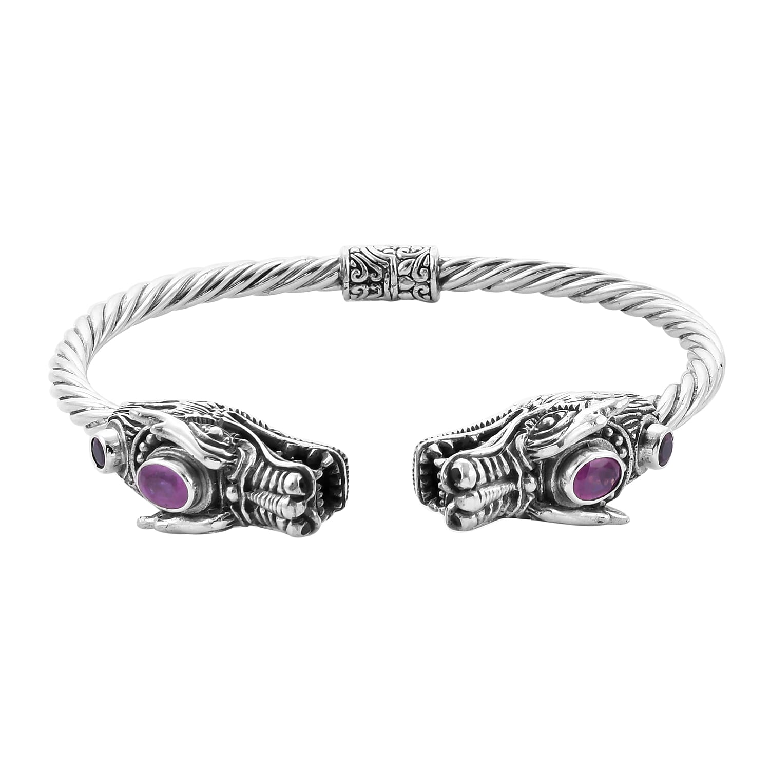 Royal Bali Collection - Pink Sapphire (Ovl 7x5mm) and Rhodolite Garnet Dragon Head Bangle (Size 7.5) in Sterling Silver, Silver wt. 32.20 Gms