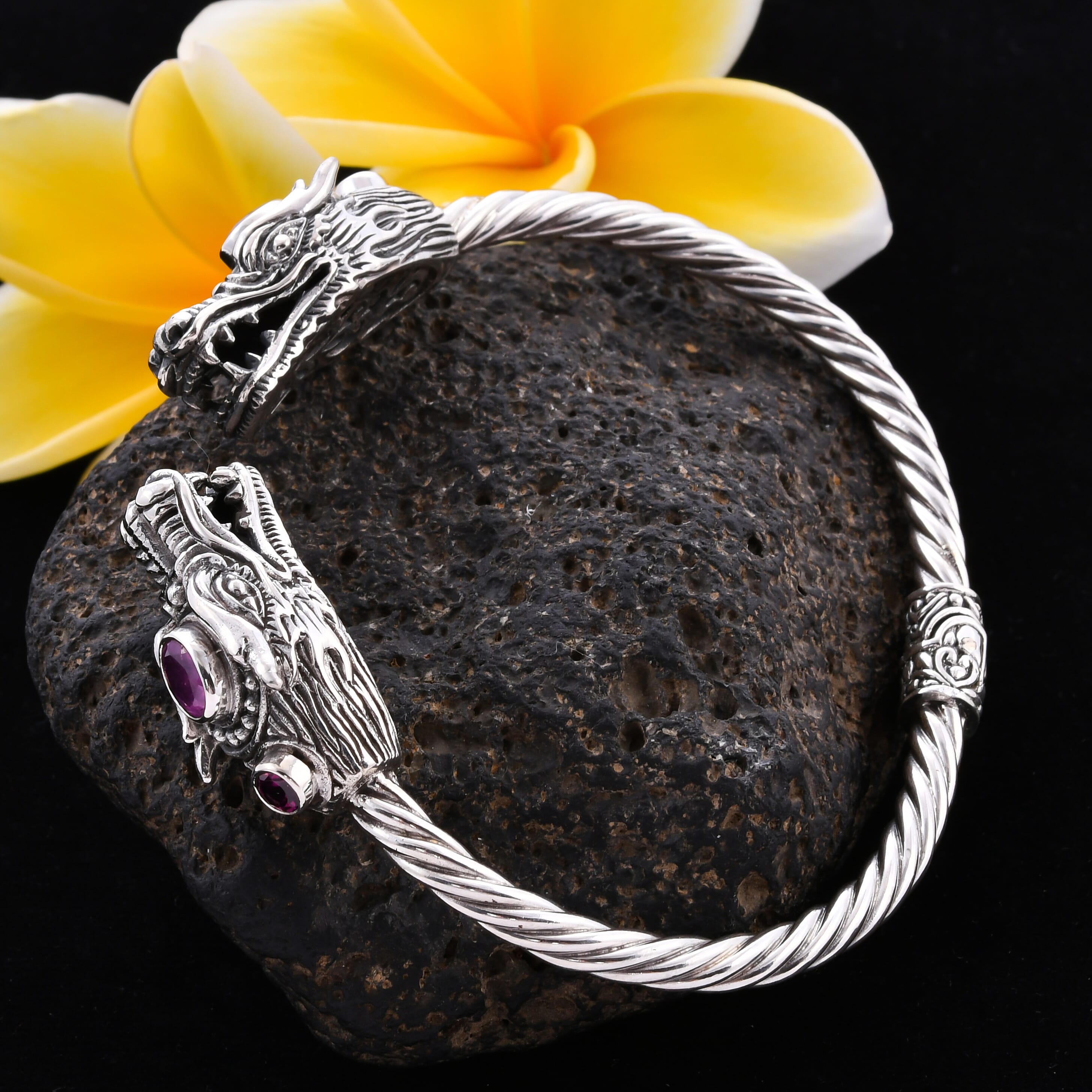 Royal Bali Collection - Pink Sapphire (Ovl 7x5mm) and Rhodolite Garnet Dragon Head Bangle (Size 7.5) in Sterling Silver, Silver wt. 32.20 Gms