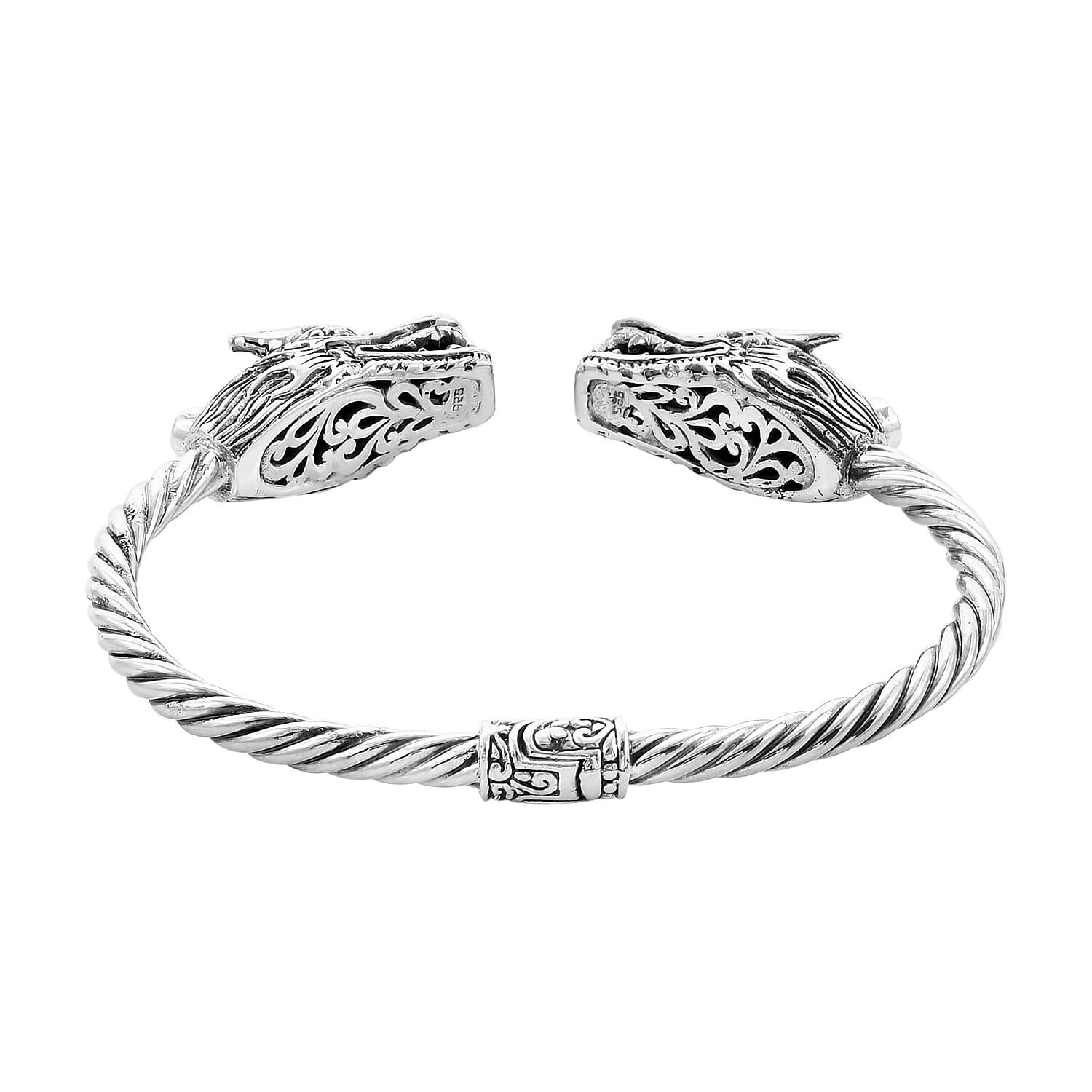 Royal Bali Collection - Pink Sapphire (Ovl 7x5mm) and Rhodolite Garnet Dragon Head Bangle (Size 7.5) in Sterling Silver, Silver wt. 32.20 Gms