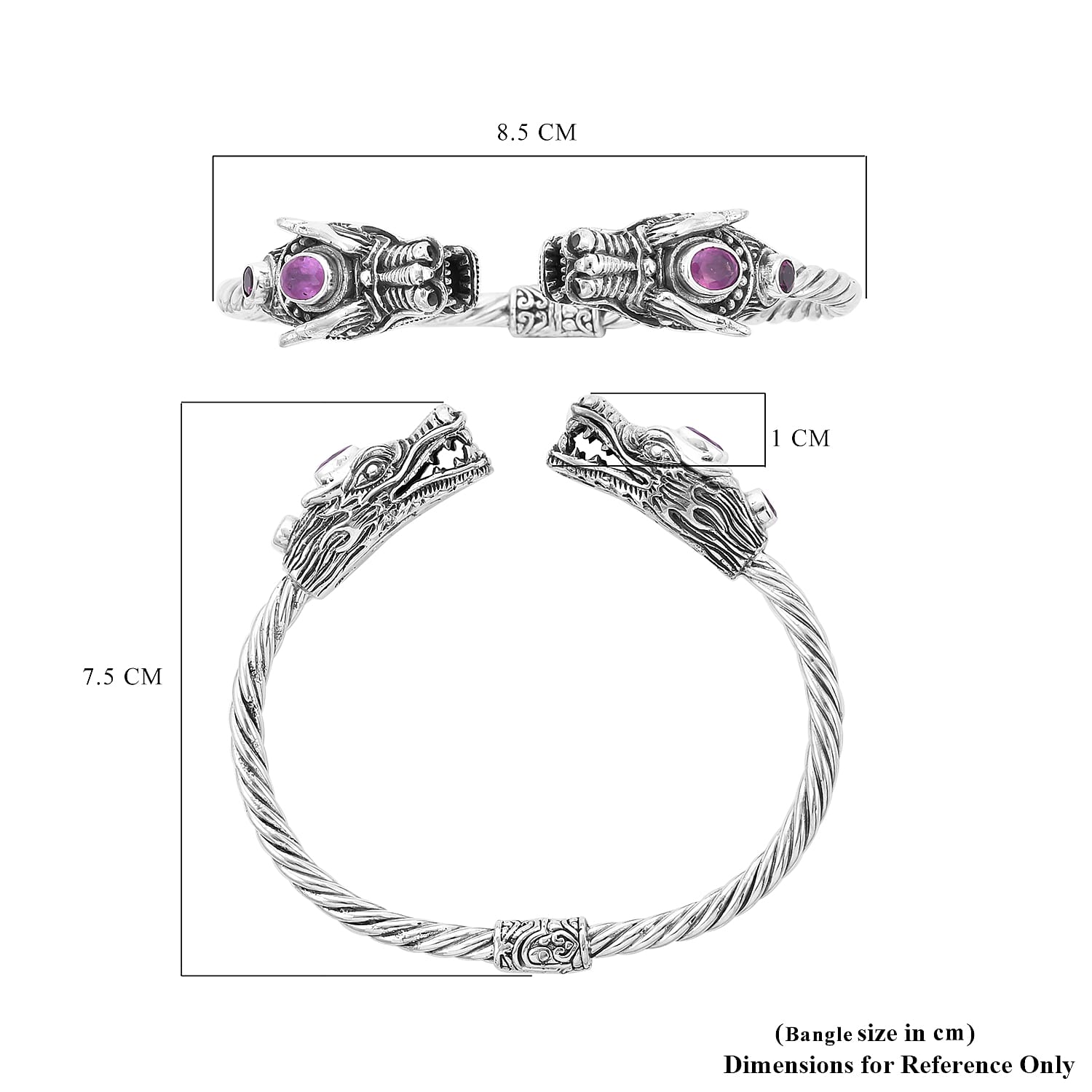 Royal Bali Collection - Pink Sapphire (Ovl 7x5mm) and Rhodolite Garnet Dragon Head Bangle (Size 7.5) in Sterling Silver, Silver wt. 32.20 Gms