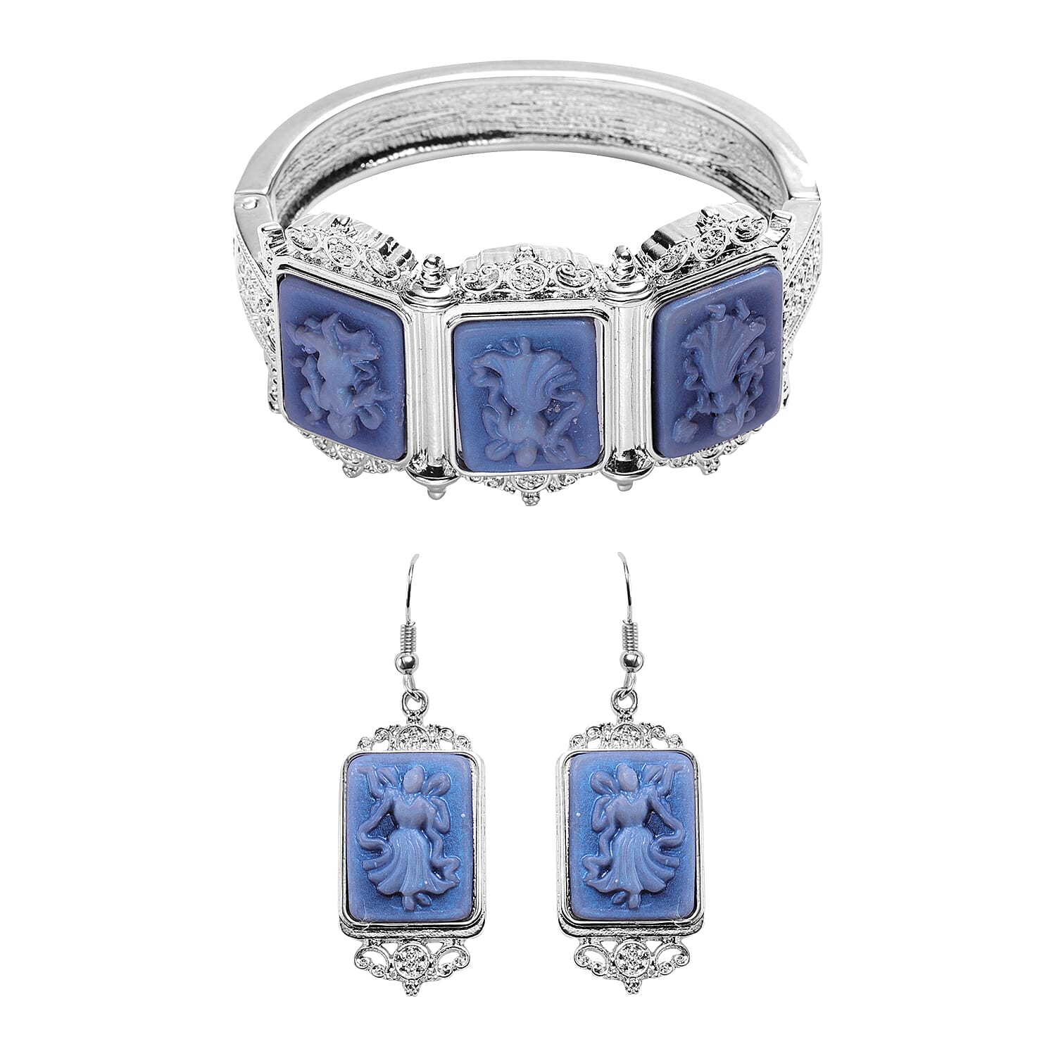 2 Piece Set - Cameo Bangle and Hook Earrings in Silver Tone