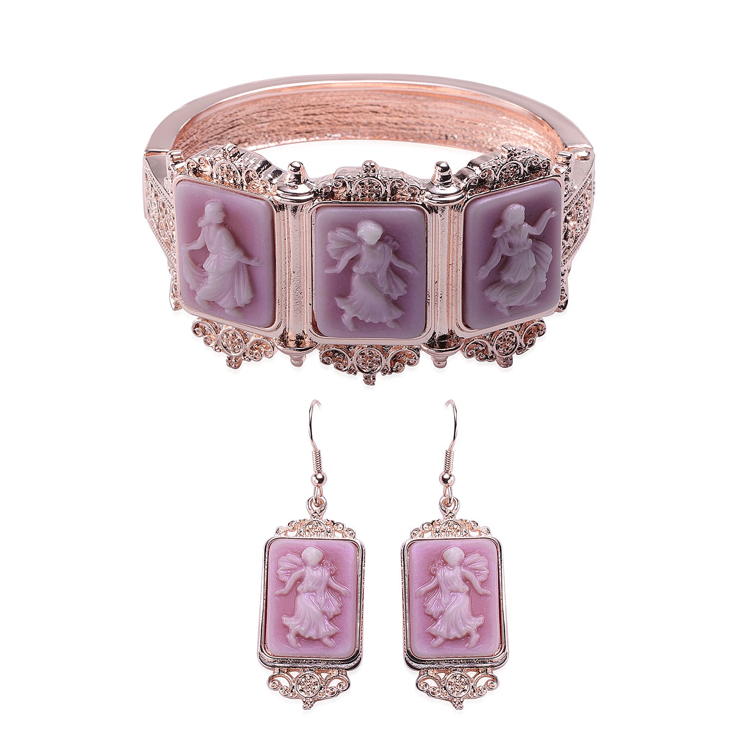 2 Piece Set -  Cameo Bangle and Hook Earrings in Rose Gold Tone