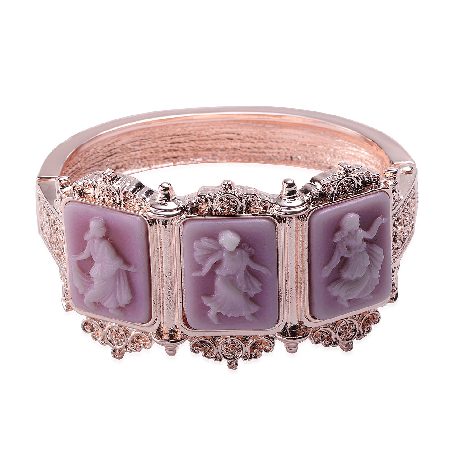 2 Piece Set -  Cameo Bangle and Hook Earrings in Rose Gold Tone