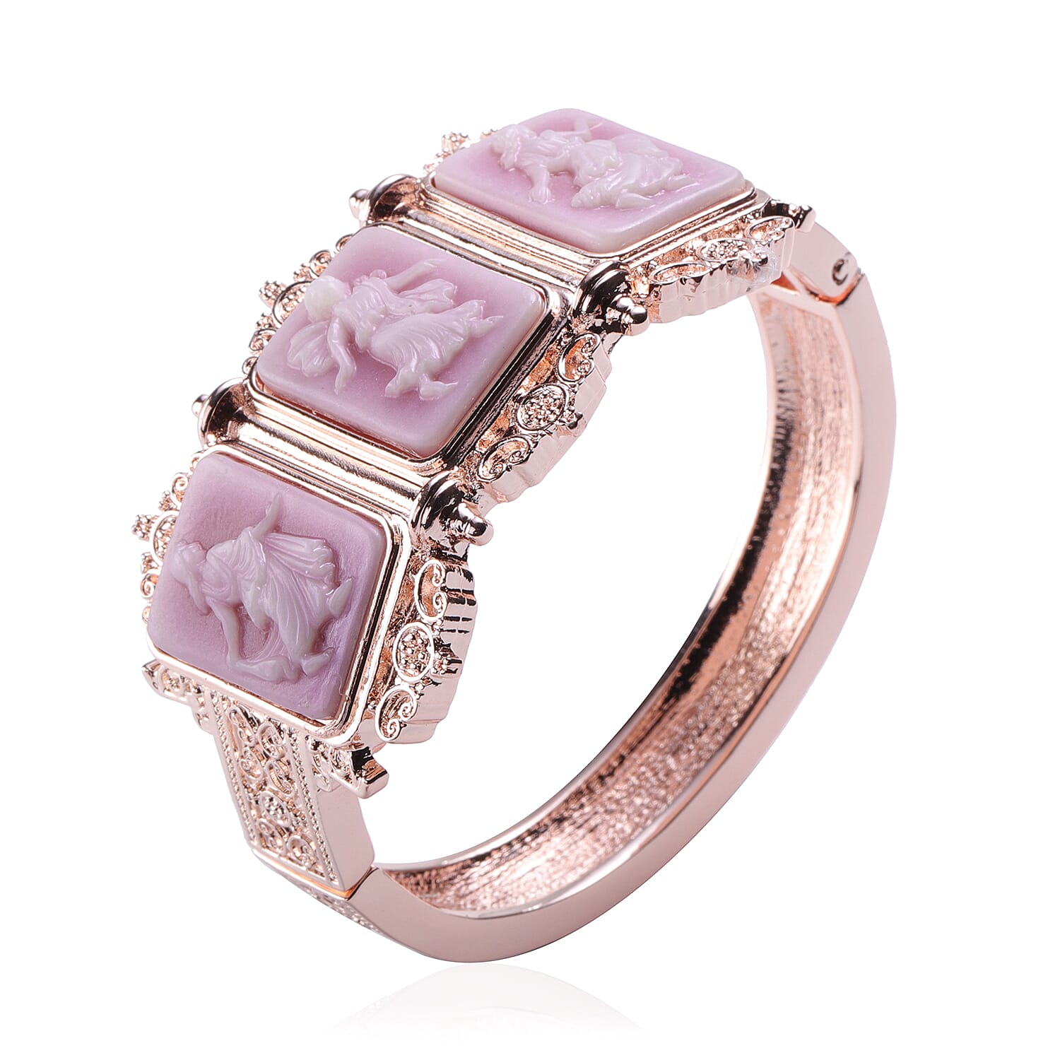 2 Piece Set -  Cameo Bangle and Hook Earrings in Rose Gold Tone