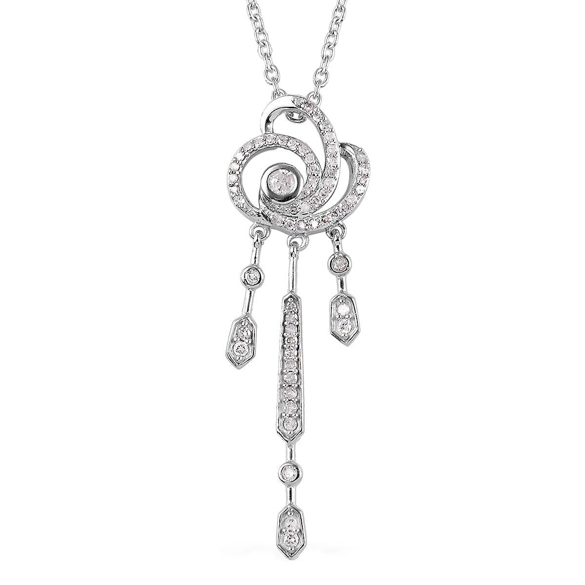 Diamond Drop Pendant with Chain (Size 18) in Platinum Overlay Sterling Silver 0.50 Ct.