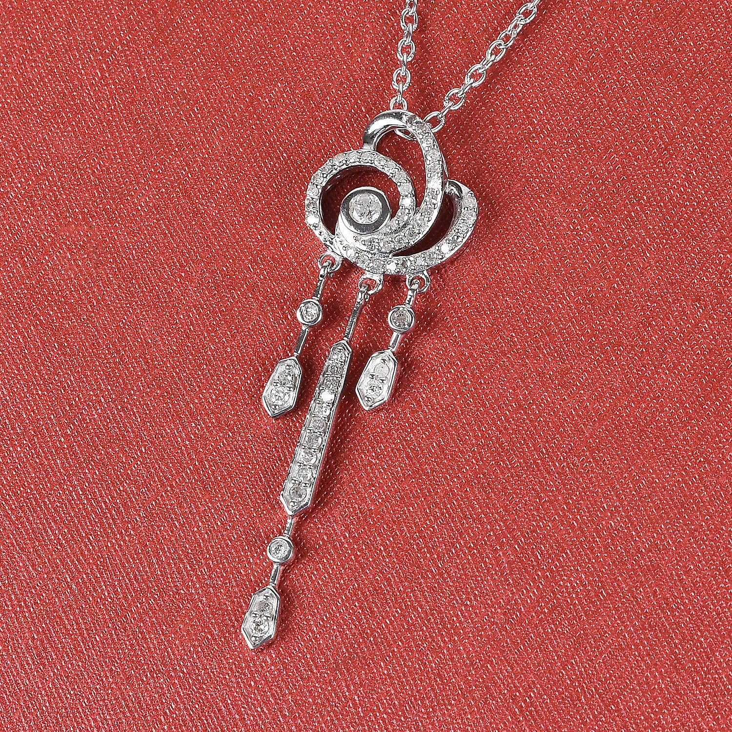 Diamond Drop Pendant with Chain (Size 18) in Platinum Overlay Sterling Silver 0.50 Ct.