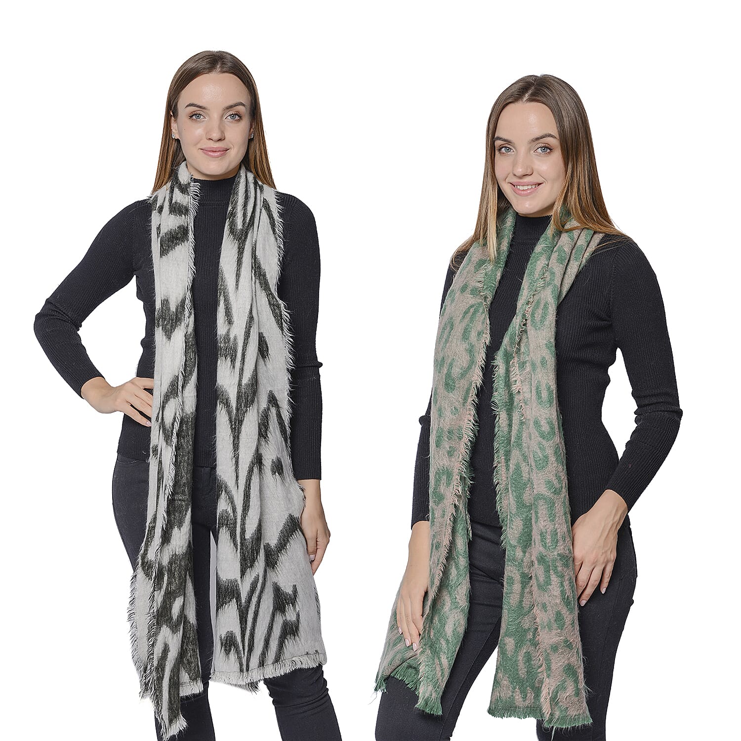 Set of 2 - Soft and Lightweight Ladies Green Leopard and Black Zebra Print Scarf with Small Fringes