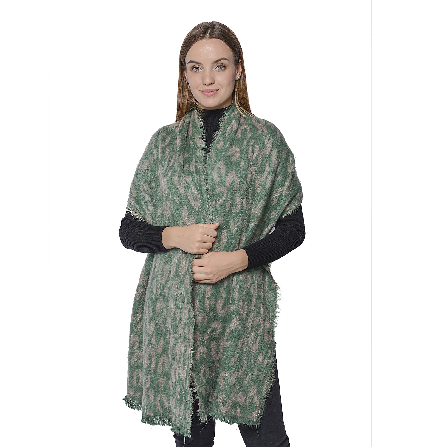 Set of 2 - Soft and Lightweight Ladies Green Leopard and Black Zebra Print Scarf with Small Fringes