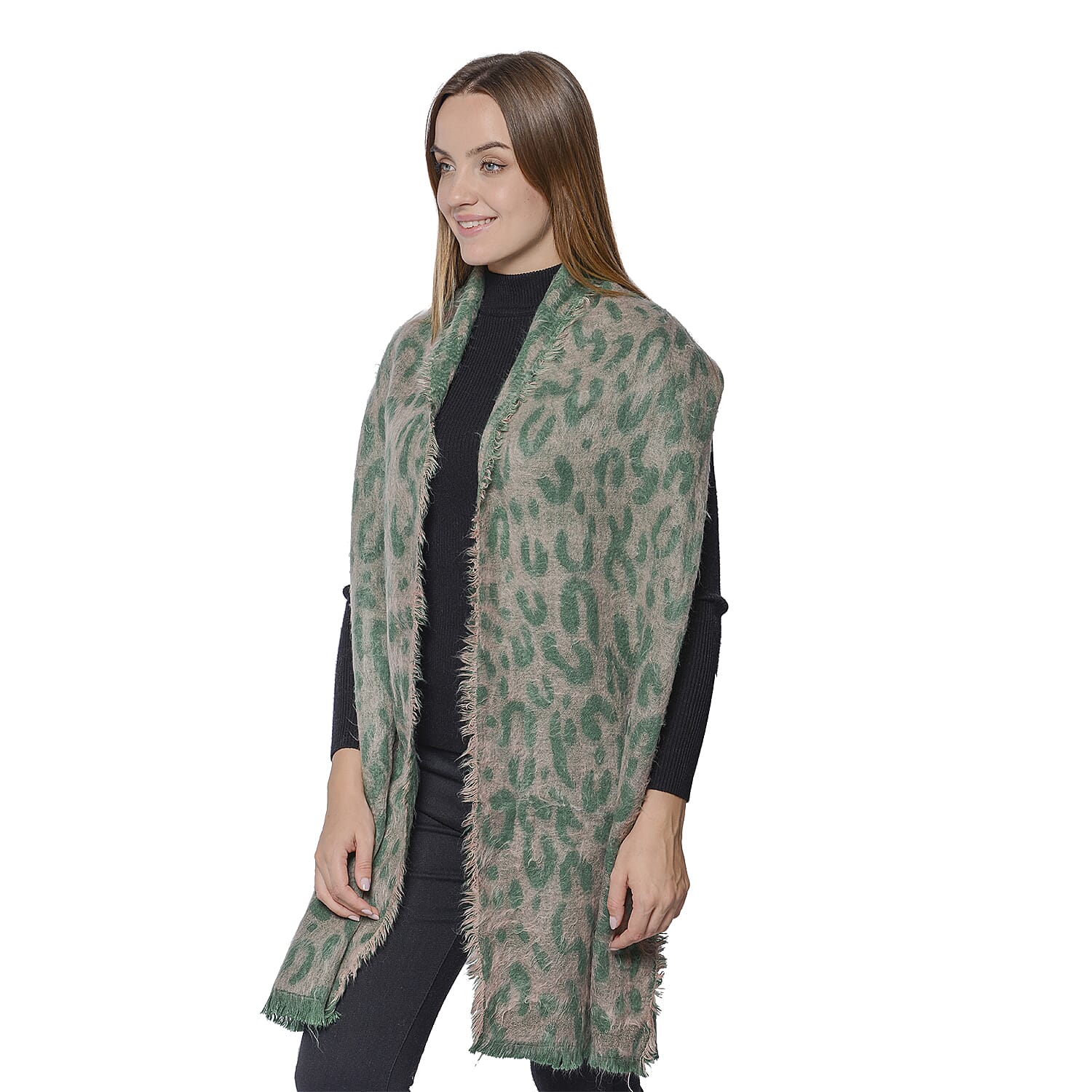 Set of 2 - Soft and Lightweight Ladies Green Leopard and Black Zebra Print Scarf with Small Fringes