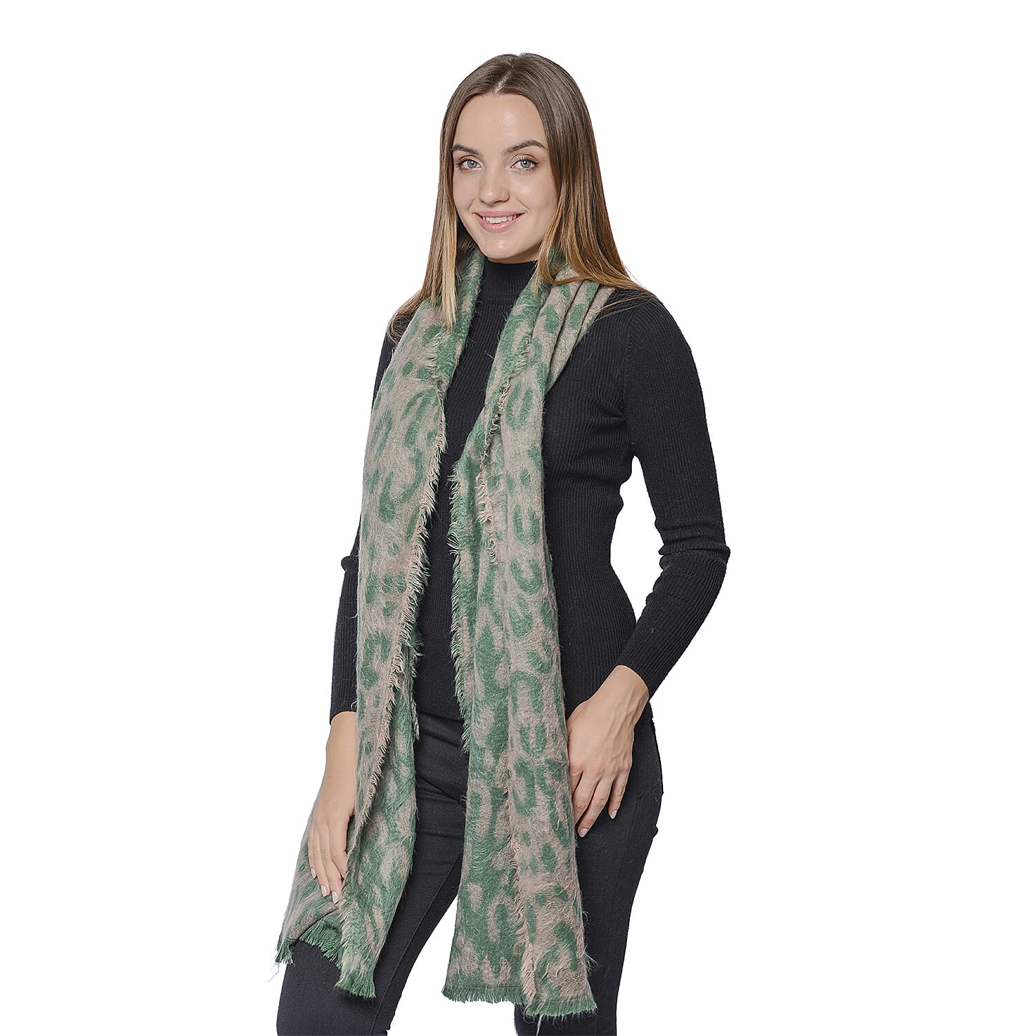 Set of 2 - Soft and Lightweight Ladies Green Leopard and Black Zebra Print Scarf with Small Fringes