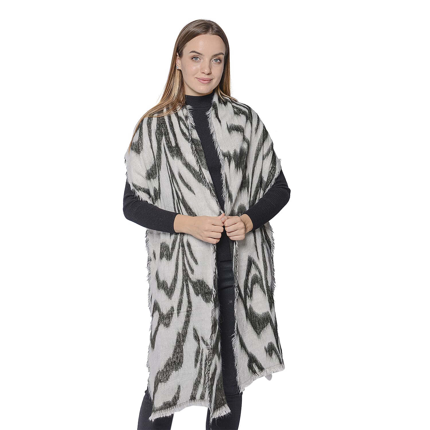 Set of 2 - Soft and Lightweight Ladies Green Leopard and Black Zebra Print Scarf with Small Fringes