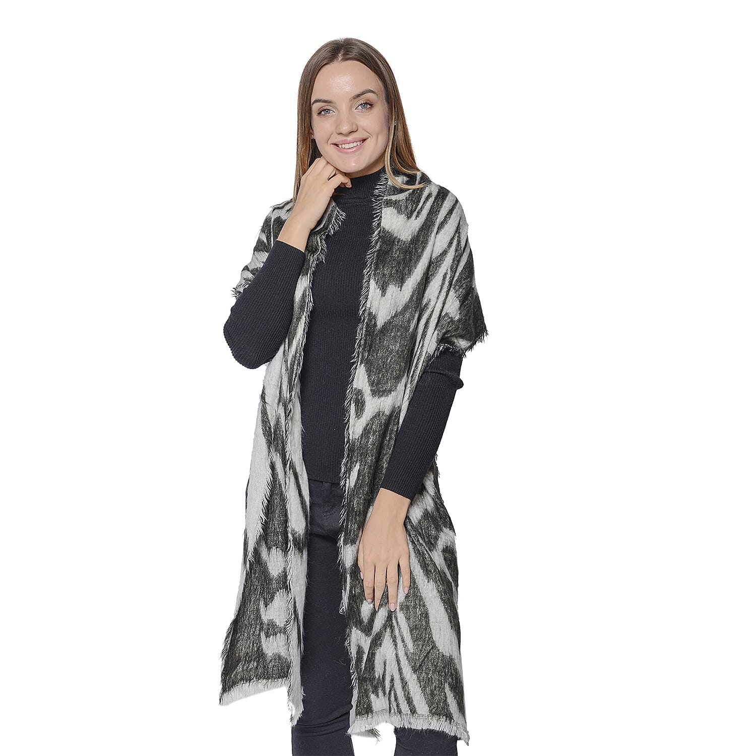 Set of 2 - Soft and Lightweight Ladies Green Leopard and Black Zebra Print Scarf with Small Fringes