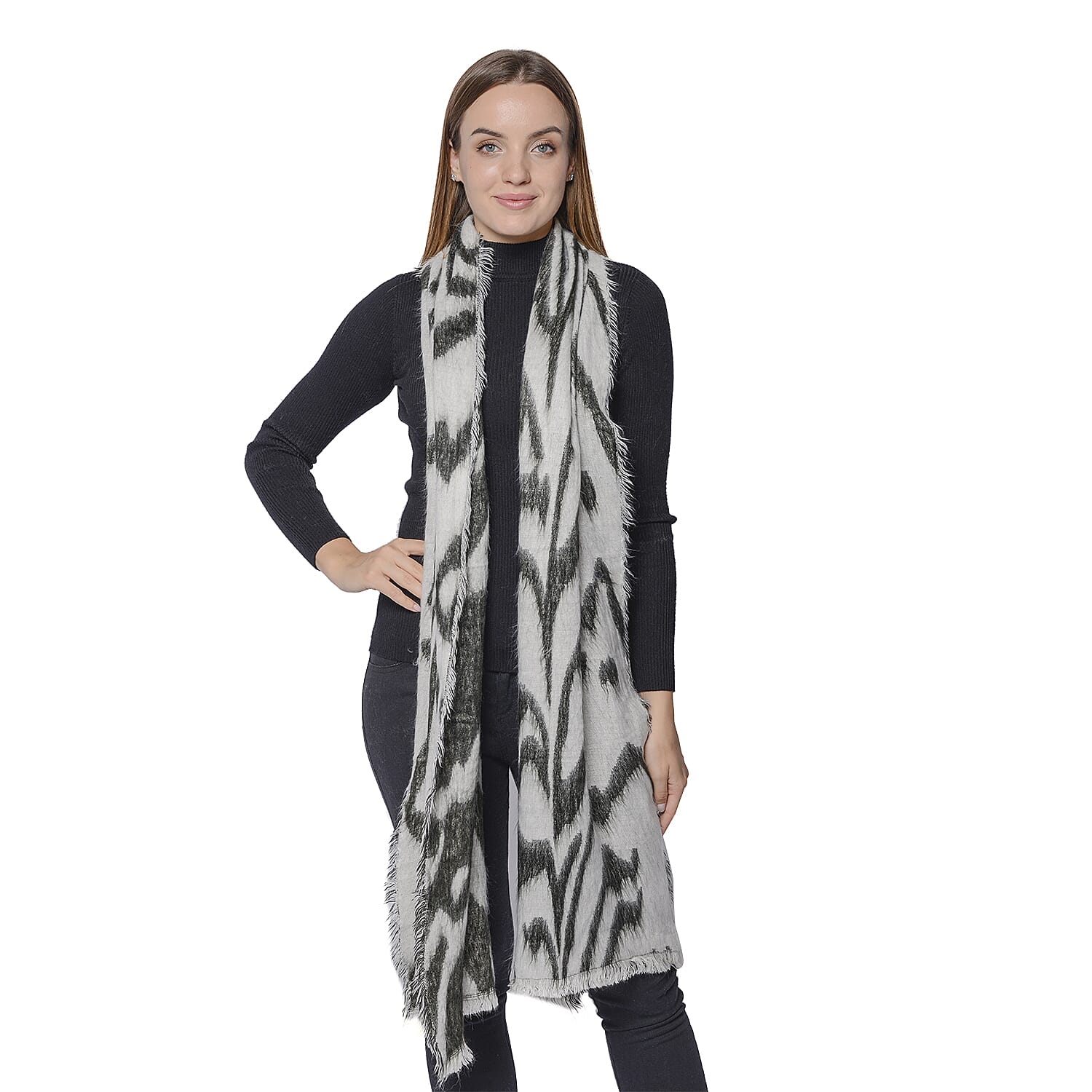 Set of 2 - Soft and Lightweight Ladies Green Leopard and Black Zebra Print Scarf with Small Fringes