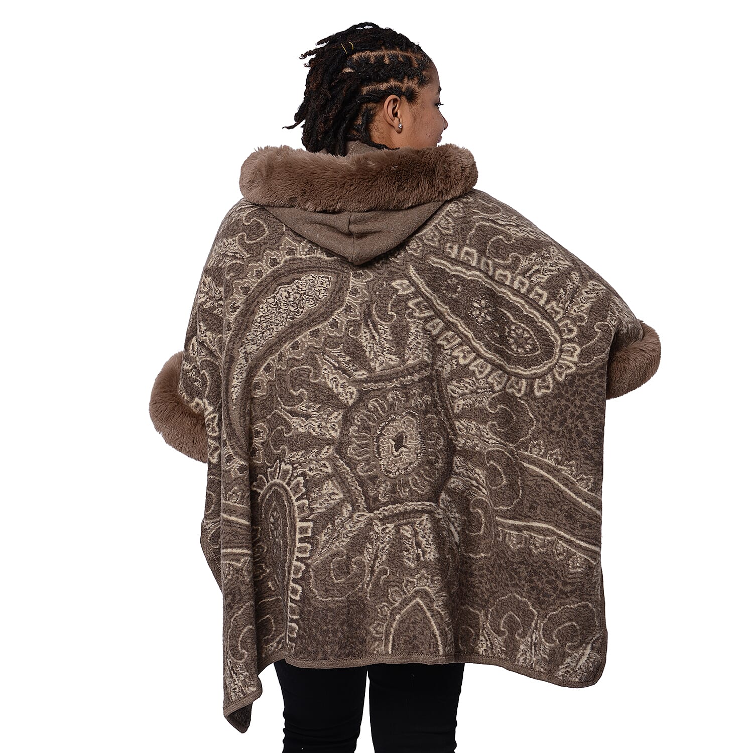 Cashew Flower Pattern Long Cape with Faux Fur Hood and Sleeves  (One Size) - Light Brown and Off White