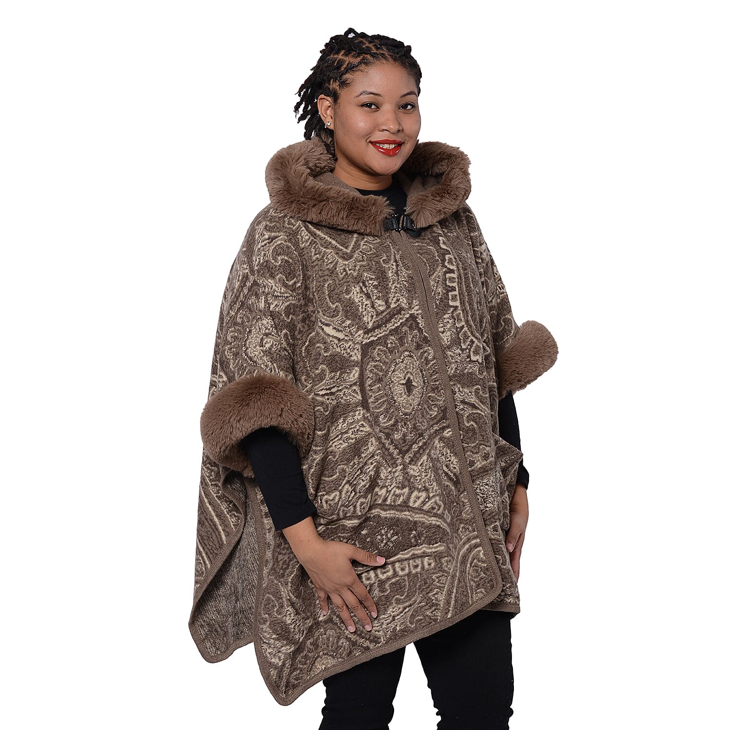 Cashew Flower Pattern Long Cape with Faux Fur Hood and Sleeves  (One Size) - Light Brown and Off White