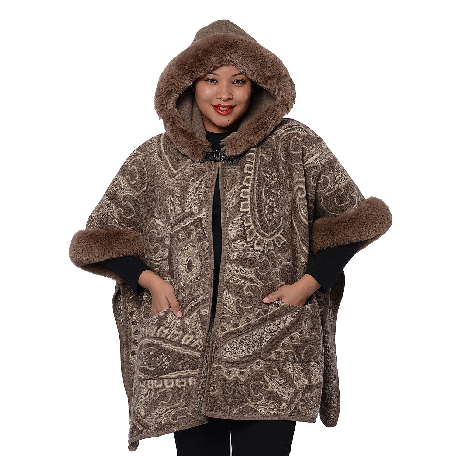 Cashew Flower Pattern Long Cape with Faux Fur Hood and Sleeves  (One Size) - Light Brown and Off White