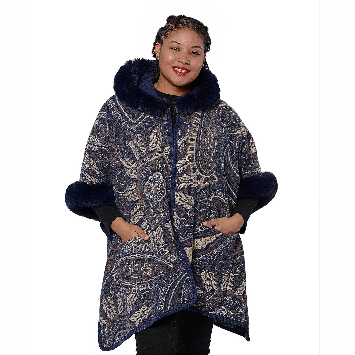Cashew Flower Pattern Long Cape with Faux Fur Hood and Sleeves (One Size) - Navy Blue and Beige