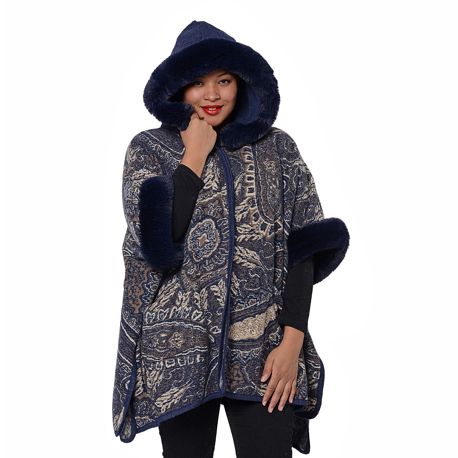Cashew Flower Pattern Long Cape with Faux Fur Hood and Sleeves (One Size) - Navy Blue and Beige
