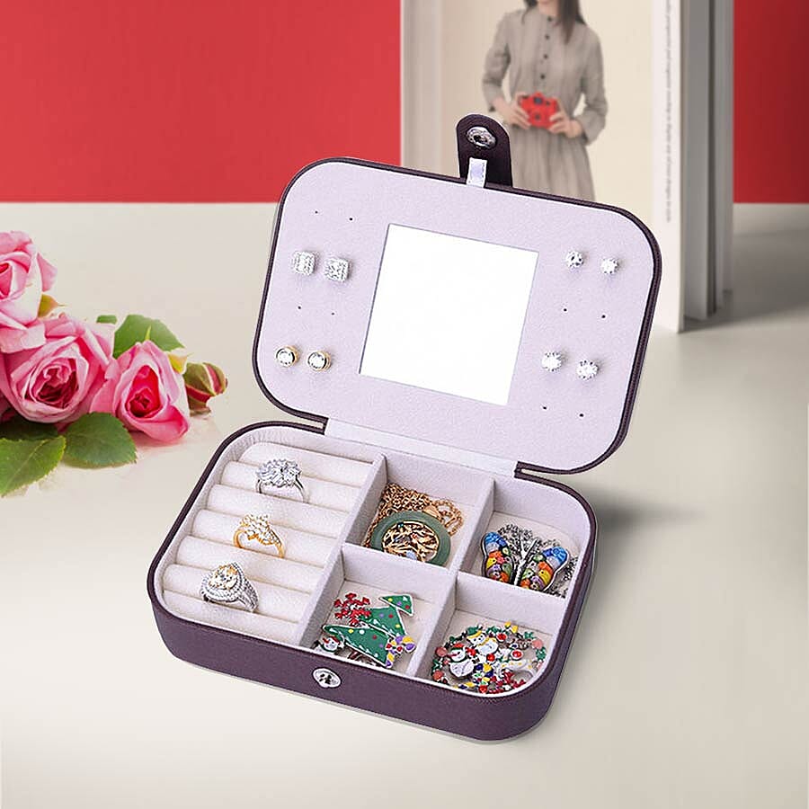 Portable and Lightweight Jewellery Organiser with Button Closure and Inside Mirror in Chocolate Colour (Size 16.5x11.5x5.5 cm)