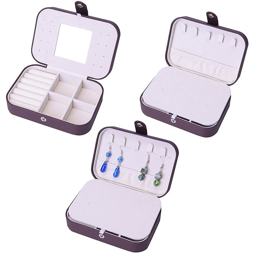 Portable and Lightweight Jewellery Organiser with Button Closure and Inside Mirror in Chocolate Colour (Size 16.5x11.5x5.5 cm)