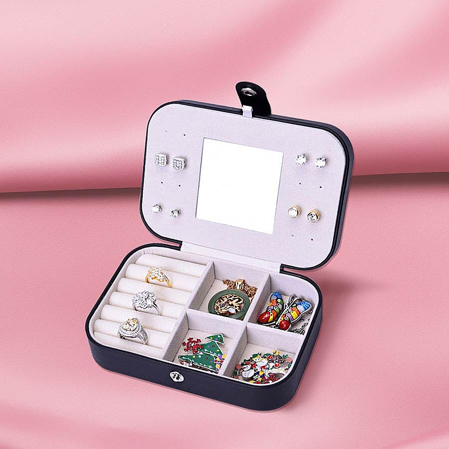 Portable and Lightweight Jewellery Organiser with Button Closure and Inside Mirror in Black Colour (Size 16.5x11.5x5.5 cm)