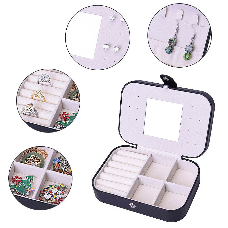 Portable and Lightweight Jewellery Organiser with Button Closure and Inside Mirror in Black Colour (Size 16.5x11.5x5.5 cm)