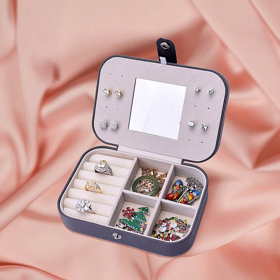 Portable and Lightweight Jewellery Organiser with Button Closure and Inside Mirror in Grey Colour (Size 16.5x11.5x5.5 cm)