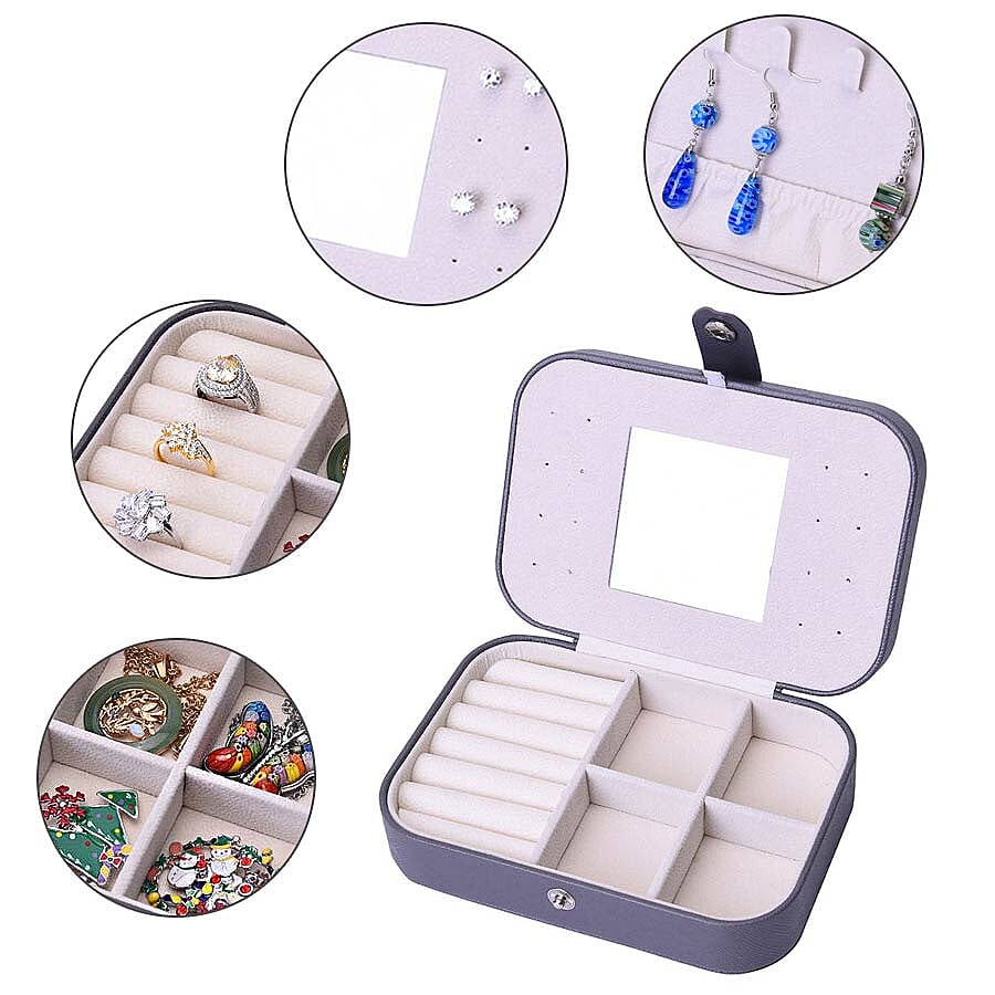 Portable and Lightweight Jewellery Organiser with Button Closure and Inside Mirror in Grey Colour (Size 16.5x11.5x5.5 cm)