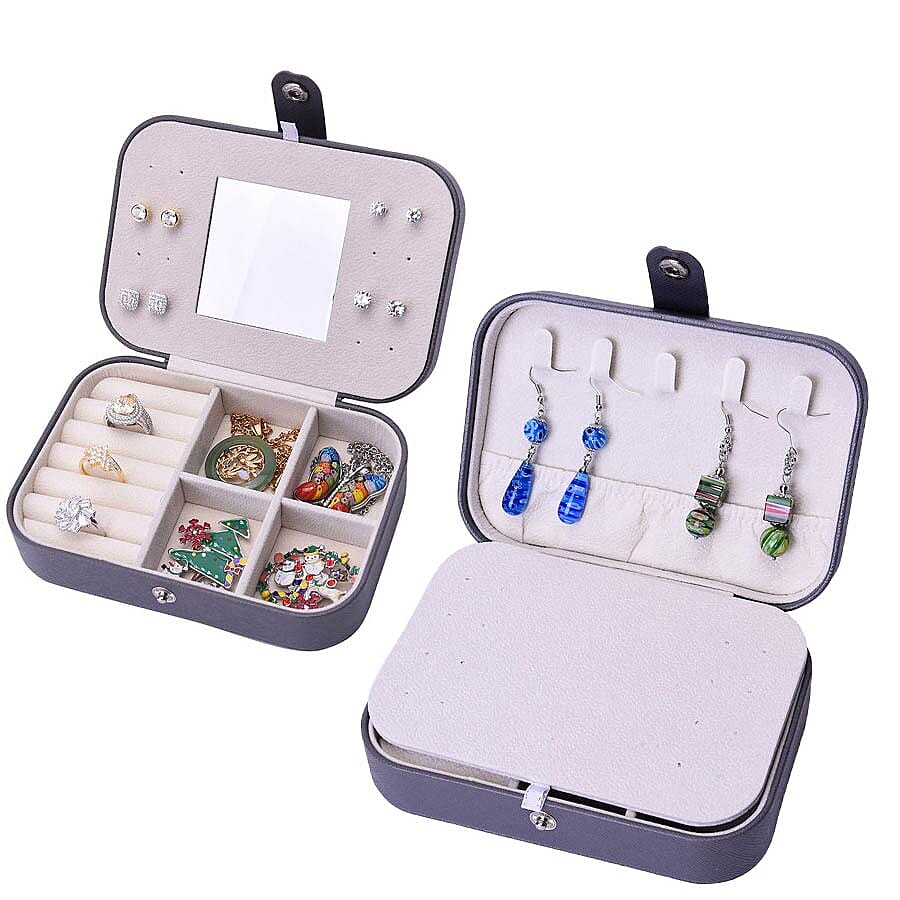 Portable and Lightweight Jewellery Organiser with Button Closure and Inside Mirror in Grey Colour (Size 16.5x11.5x5.5 cm)