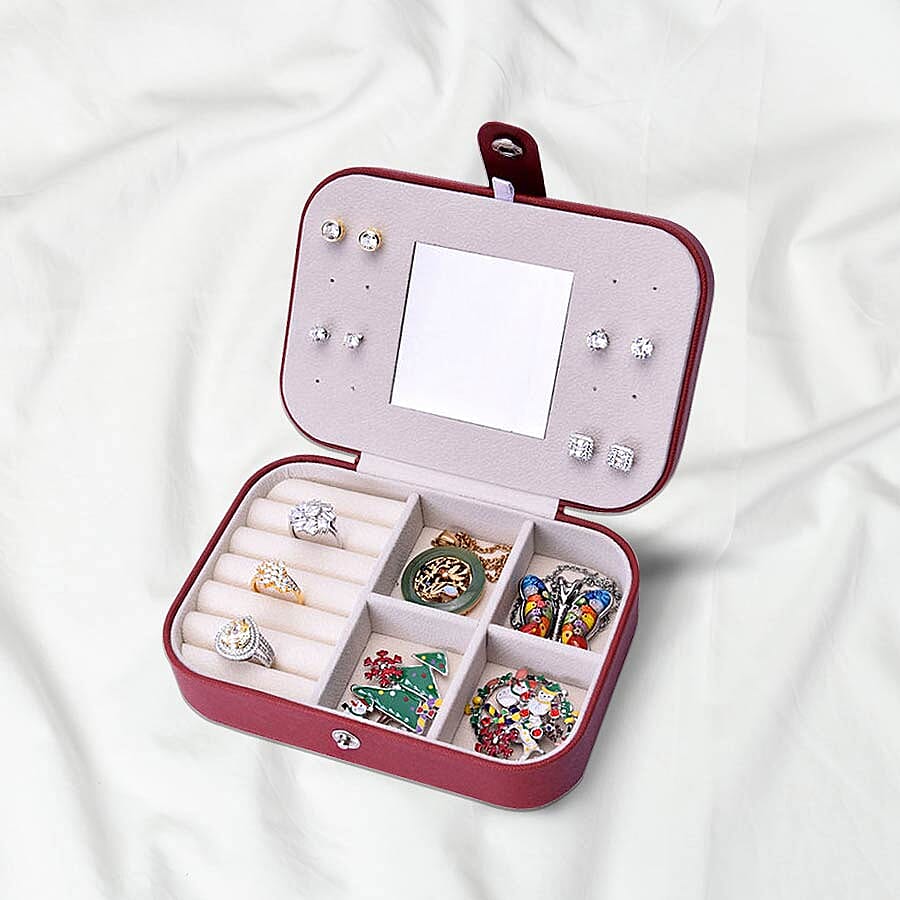 Portable and Lightweight Jewellery Organiser with Button Closure and Inside Mirror in Maroon Colour (Size 16.5x11.5x5.5 cm)