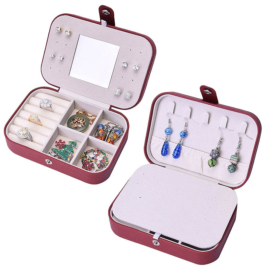 Portable and Lightweight Jewellery Organiser with Button Closure and Inside Mirror in Maroon Colour (Size 16.5x11.5x5.5 cm)