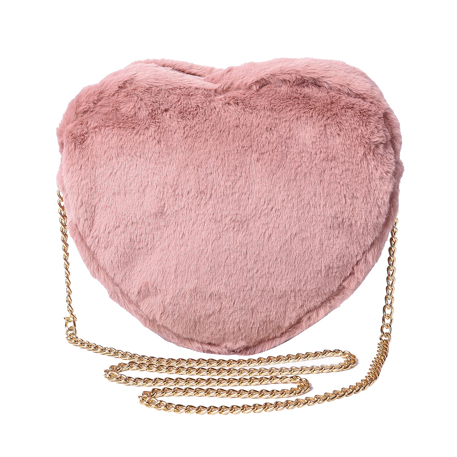 Pink Faux Fur Heart-Shaped Crossbody Bag with Chain Shoulder Strap in Gold Tone