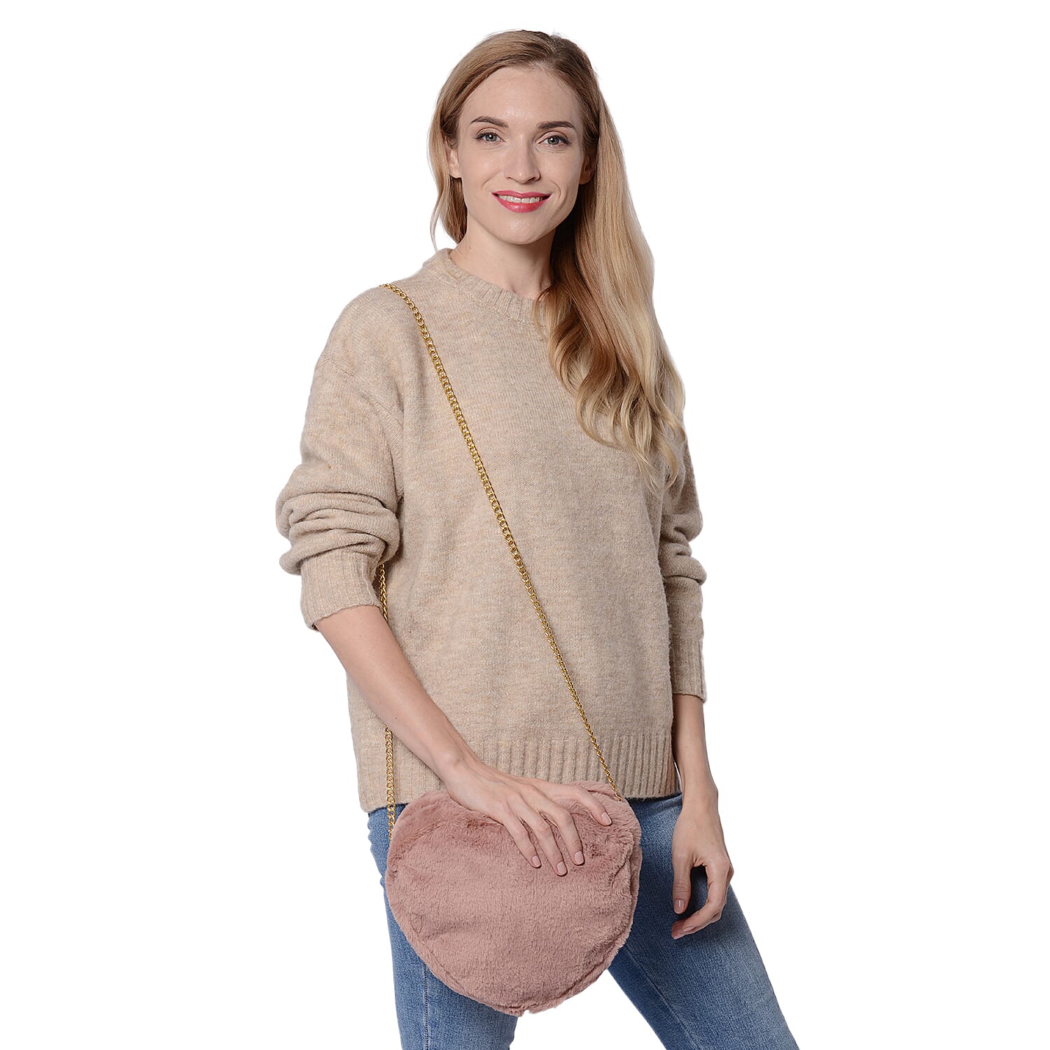 Pink Faux Fur Heart-Shaped Crossbody Bag with Chain Shoulder Strap in Gold Tone